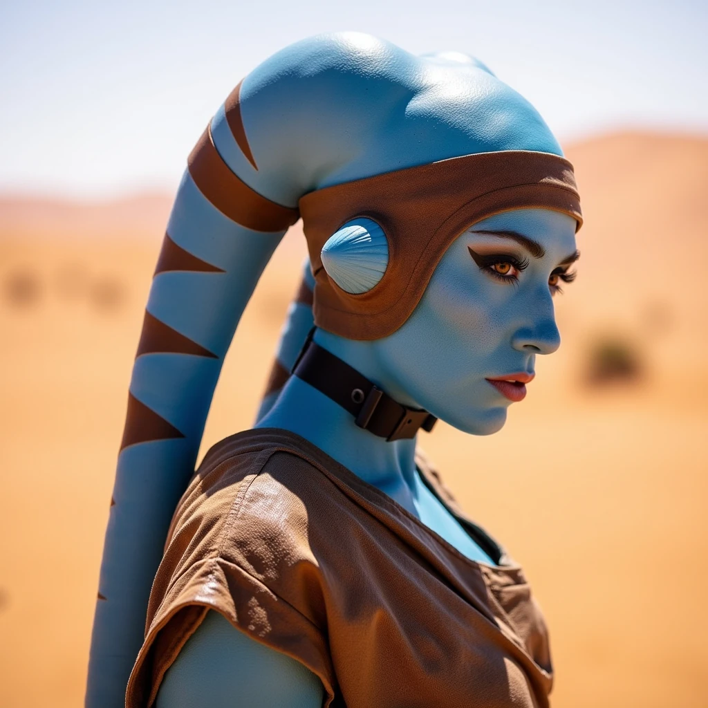 sweaty 18 year old smuggler Twi'lek girl, blue skin, 
A PROMOTIONAL PHOTO THE WOMAN HAS A OILED SHINY SKIN WHICH IS SHINY IN THE DESERT SUN LIGHT