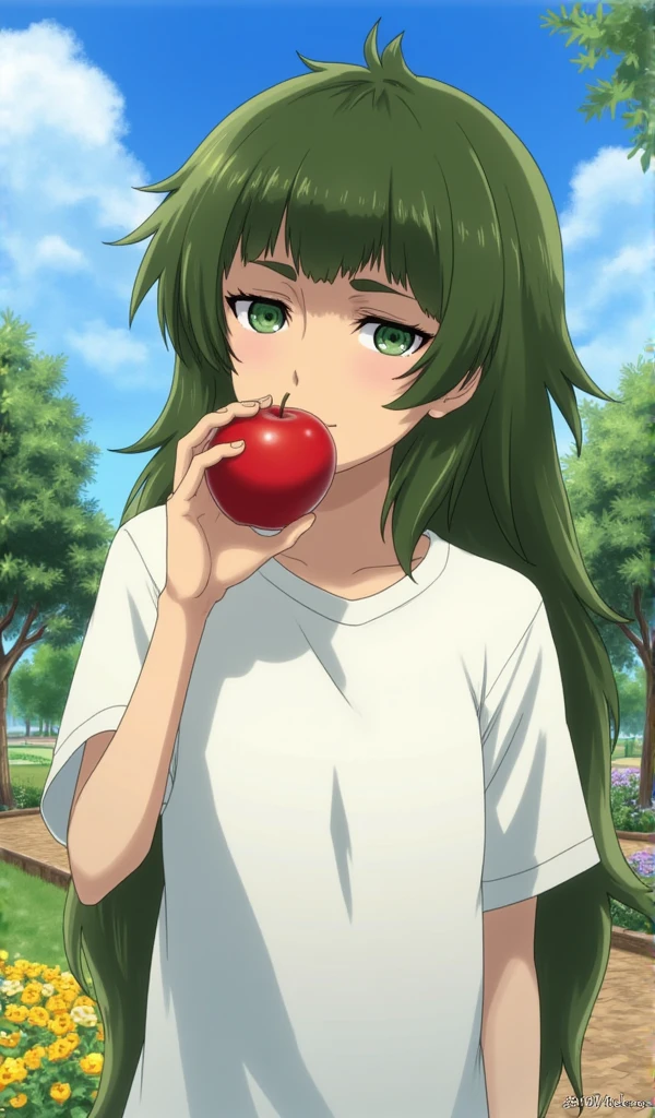 maho hiyajou, long green hair, simple white t-shirt, looking at the viewer with love, a very romantic look, innocent gaze, a red apple in her hand, peaceful and serene atmosphere, calmness, love, peace, the background of a beautiful garden with olive trees and colorful flowers, blue clear sunny sky