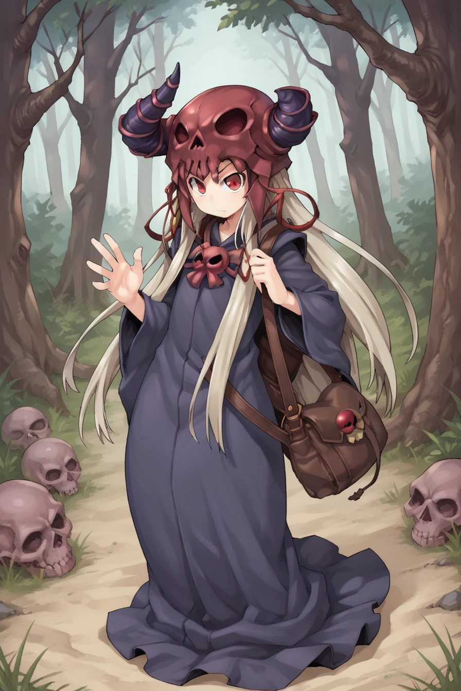 (score_9, score_8_up, score_7_up, score_6_up), source anime, BREAK, <lora:Necromancer:0.8> , necdef, 1boy, red eyes, long hair,  grey hair, horned helmet, skull on head, skull brooch, robe, bag, looking at viewer, solo, standing, , <lora:zy_Detailed_Backgrounds_v1:0.2> , detailed background, highly detailed, outdoors, forest,   <lora:HerrscherAGGA2024_CuteToon_Minus_PonyXL:0.7>