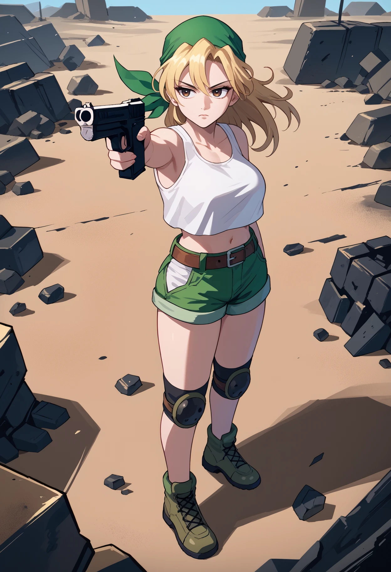 score_9, score_8_up, score_7_up, source_anime, <break> holding weapon, holding gun, handgun, aiming, full body, solo, 1girl, kasamoto eri, expressionless, bandana, white tank top, crop top, green shorts, short shorts, hip vent, belt, knee pads, bare shoulders, midriff, large breasts, outdoors, battlefield, debris
<segment:yolo-face_yolov8m.pt,0.4,0.5//cid=1>