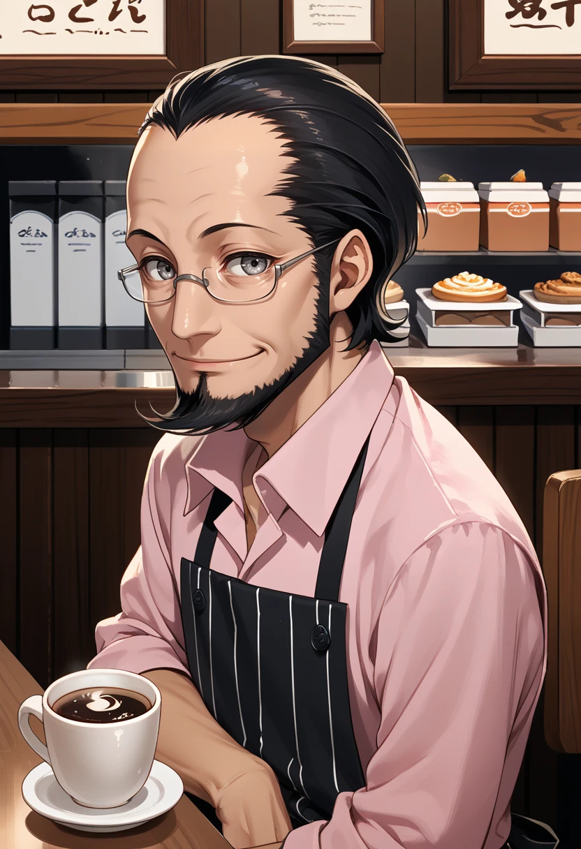 score_9, score_8_up, score_7_up, source_anime, BREAK, solo, 1boy, smirk, looking at viewer,  <lora:Sojiro-pdxl_Fp:1>, sojiro, short hair, black hair, beard, grey eyes, glasses, collared shirt, pink shirt, apron, pants, cafe, coffee,