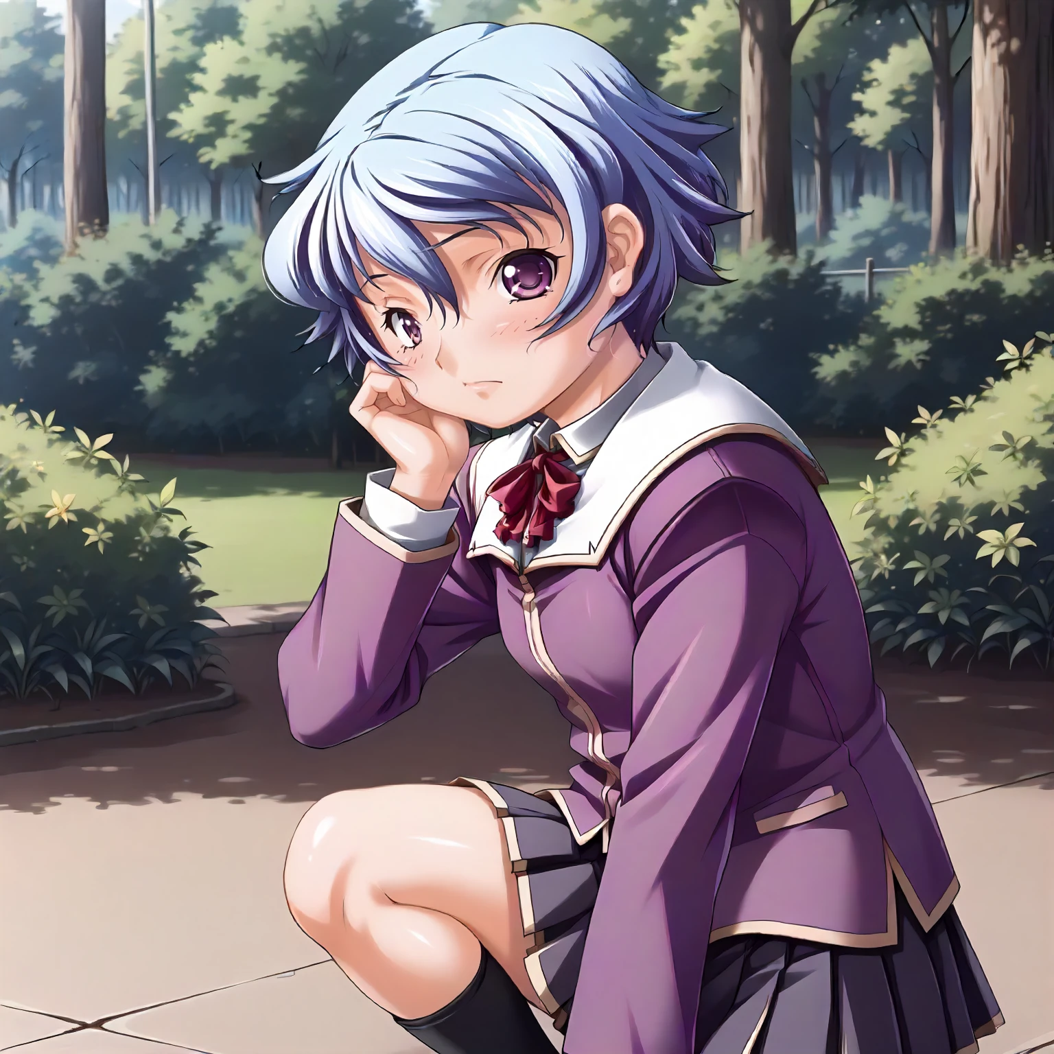 <lora:SDG_AkaneSakurazawaXLpony002>,
outdoors,nature,
solo,
AkaneSakurazawa,1girl,blue hair,short hair,purple eyes,
school_uniform,neck ribbon,purple jacket,
pleated_skirt,
squatting,