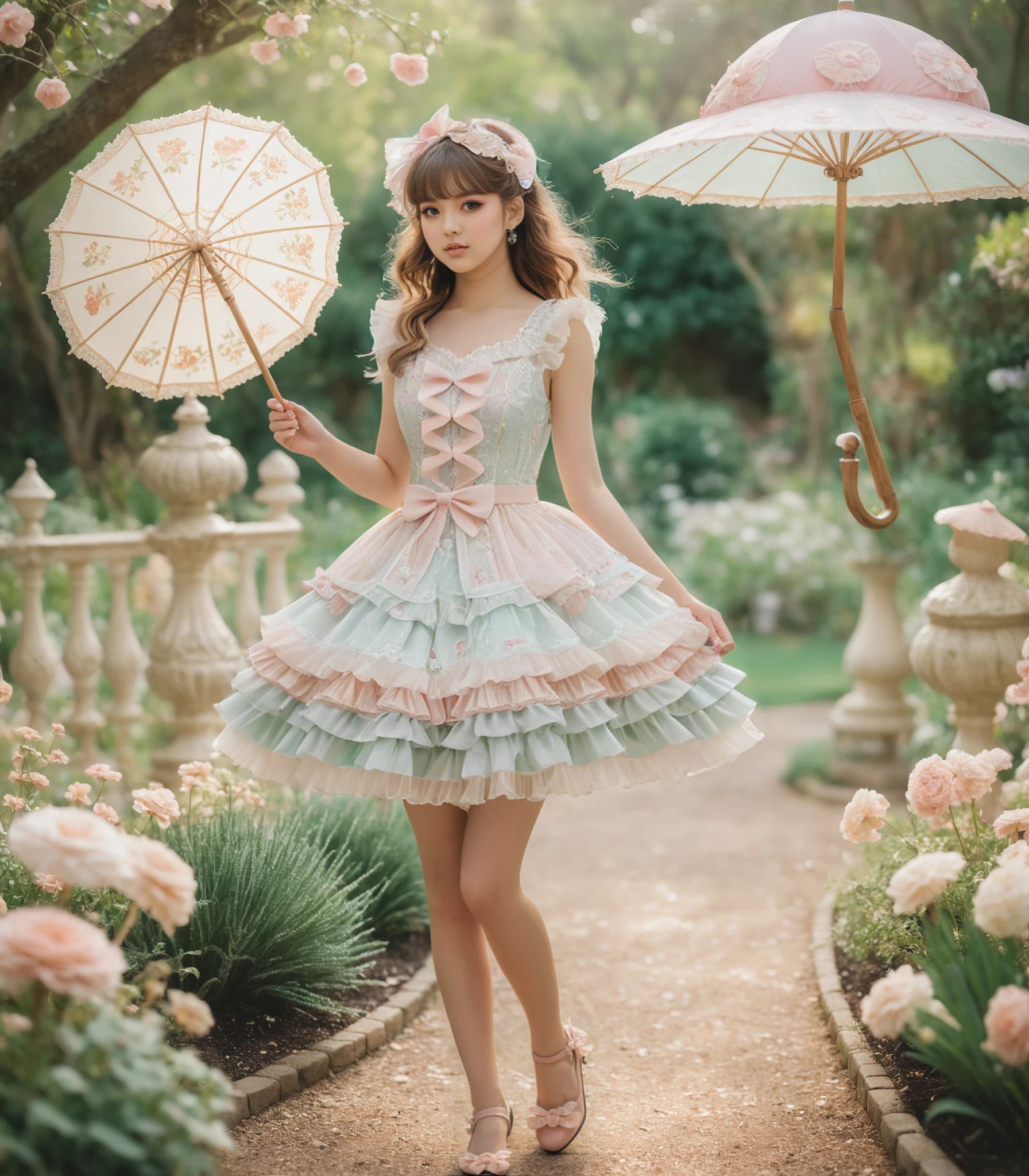 A girl wearing a short sweetegl dress, intricately adorned with frills, bows, and lace, twirling a parasol in a whimsical garden. Captured with a 35mm lens, creating a soft, ethereal focus and emphasizing pastel colors, SkinHairDetail-SDXL OverallDetail-SDXL<lora:sweetlolitaXLv6(150):0.7>