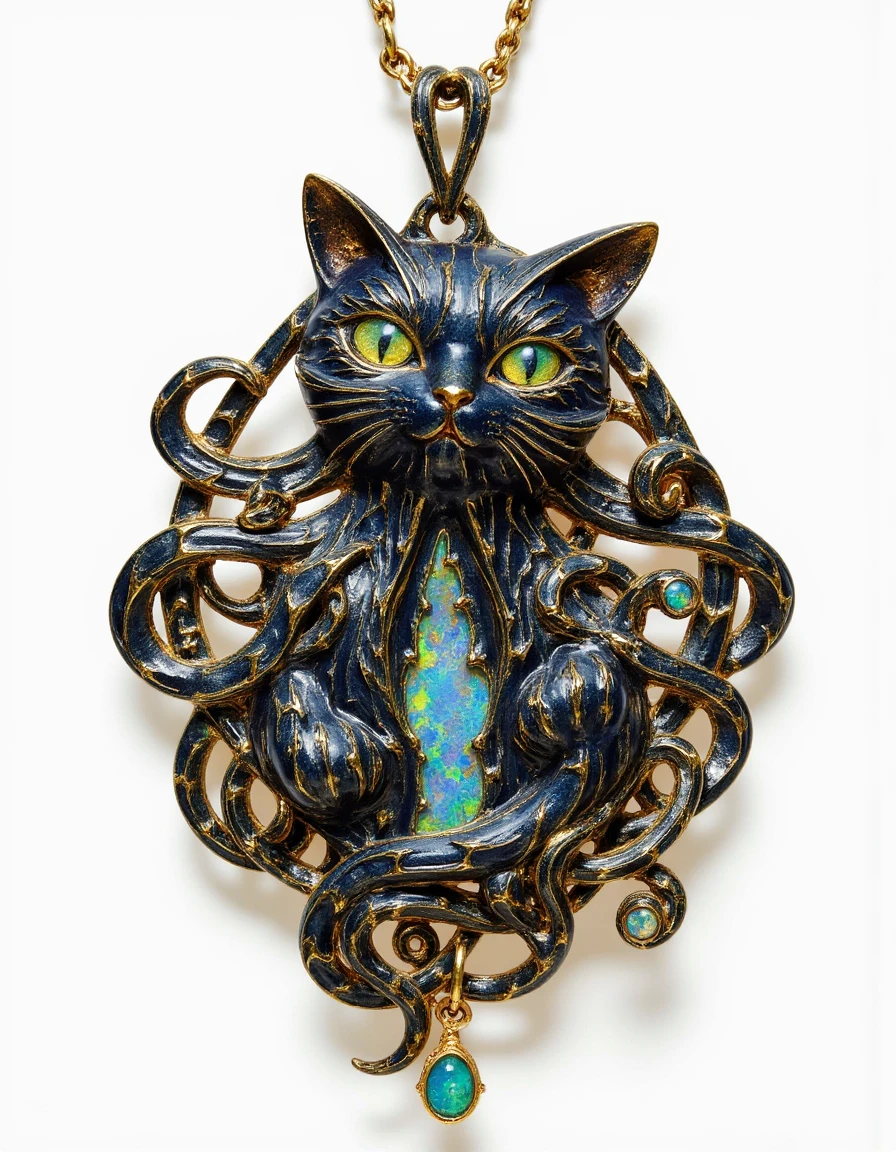 An art nouveau jewellery pendant made of black opal featuring a cthulhu kitty with it face stays a cute black cat, and its body tentacles of cthulhu <lora:ArtNouveauJewellery-00_edited:1>