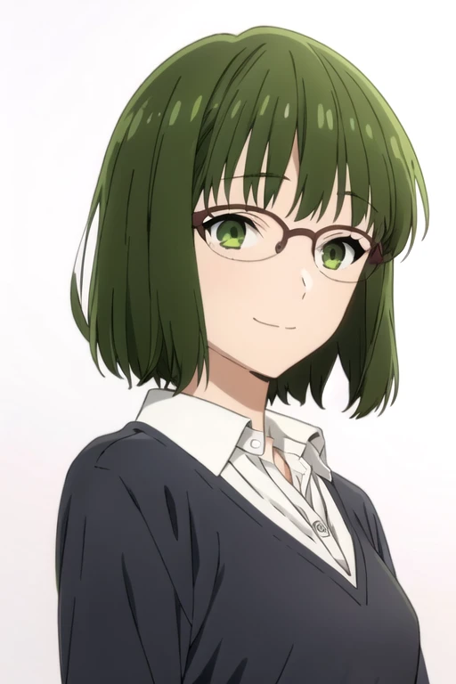 solo, 1girl, looking at viewer, 2D, anime, official style, anime coloring, anime screencap, upper body, (simple background, solid white background:1.3), <lora:sakura-horimiya:0.8>, sakura kouno, glasses, school uniform, smile,