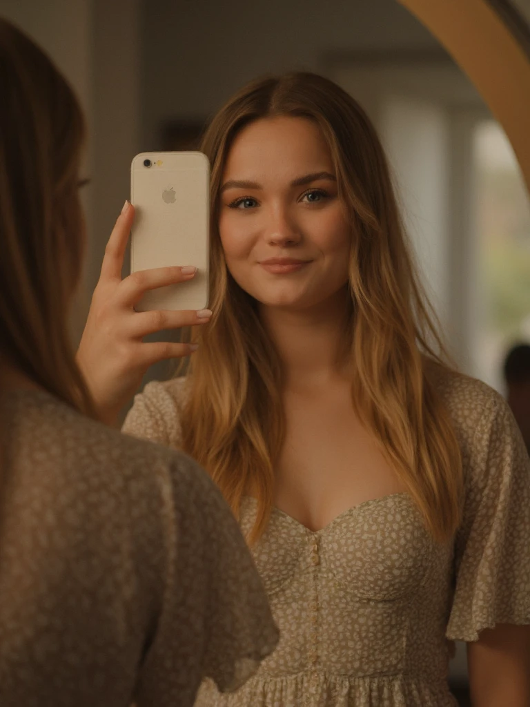 julbea Julia Beautx woman, taking a selfie in the mirror. She is holding a smartphone in one hand and is looking at the camera. She is wearing a floral summer dress and has long blonde hair. The image is a 2015 snapchat image of medium quality