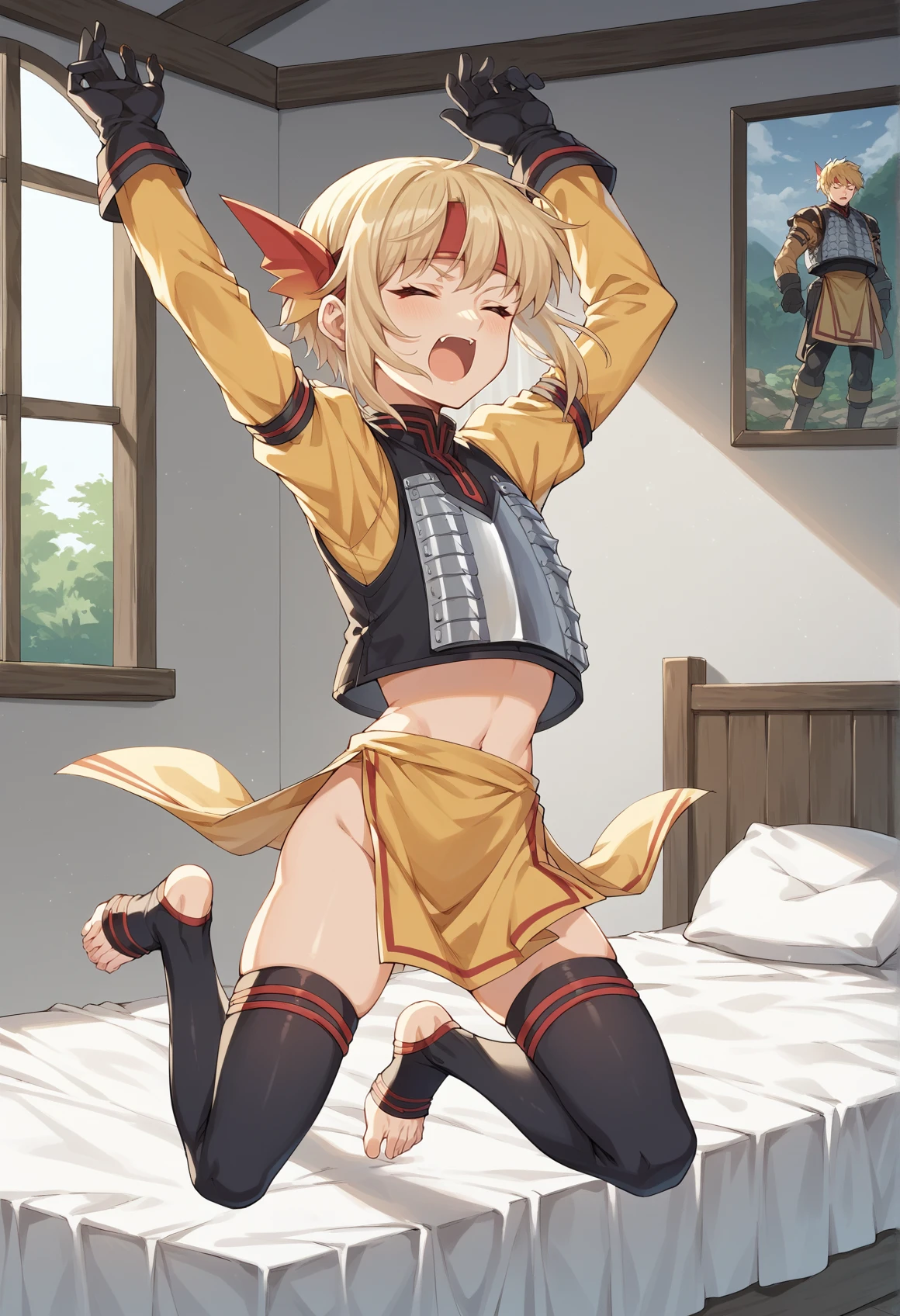 1girl, short hair, blonde hair, sidelocks, red eyes, fang, headband, hair ornament, long sleeves, gloves, body armor, pelvic curtain, thighhighs, indoors, bed, inn, jumping, arms up, toeless legwear, closed eyes, open mouth,  <lora:Sharon_V2:1>, score_9, score_8_up, score_7_up, score_6_up, score_5_up, score_4_up, BREAK source_anime, masterpiece