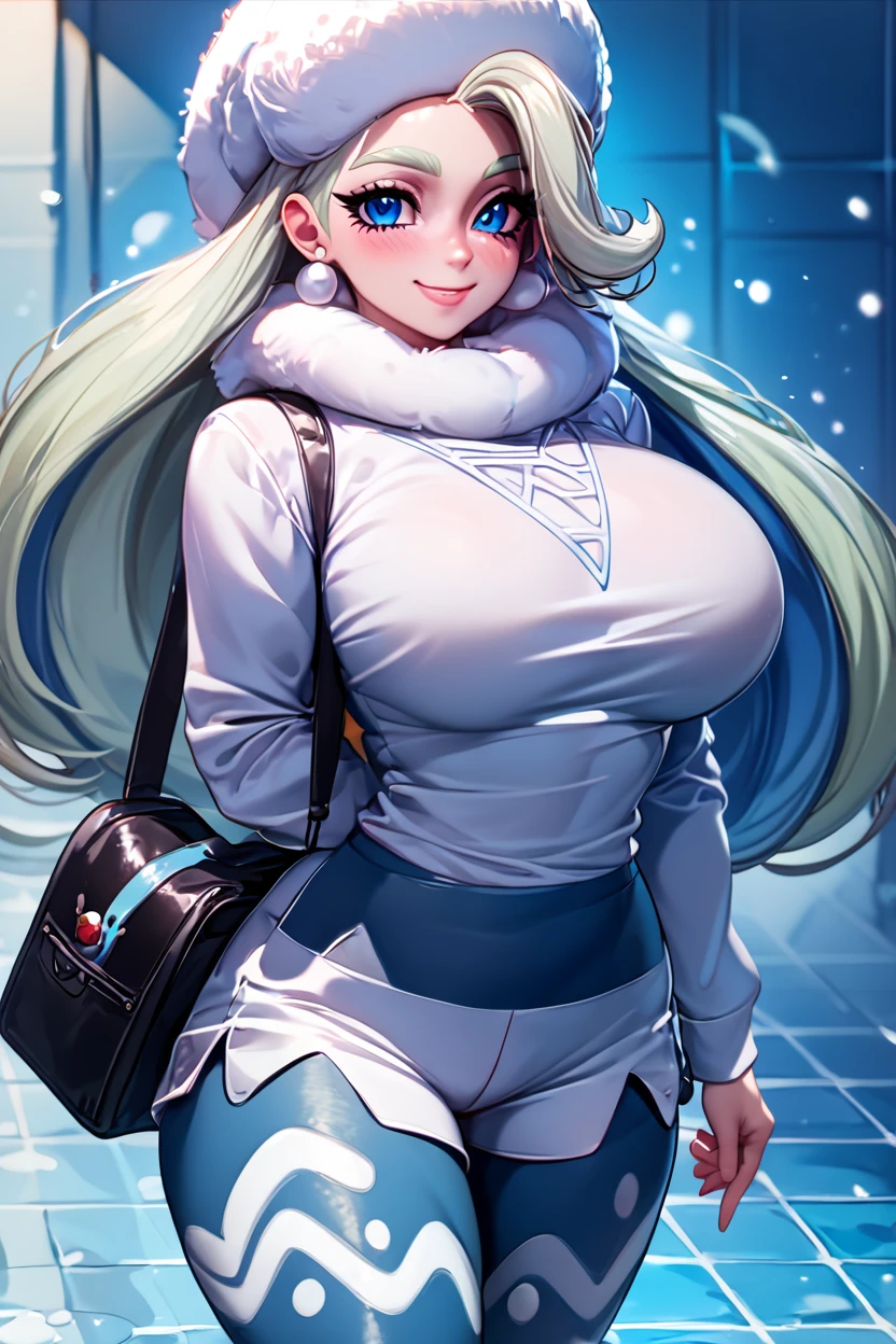 score_9, score_8_up, score_8, medium breasts, (curvy), cute, eyelashes,       BREAK, , zzMelony, blue eyes, white hair, long hair, huge breasts,  fur hat, white scarf, white sweater, white shorts, leggings, white boots,  <lora:Melony_Pokemon_PDXL_Citron:0.8>, , BREAK, closed mouth, alternate costume, smile, looking at viewer, collared shirt, blush, sweater, black skirt, eyelashes, long sleeves, sleeves past wrists, plaid skirt, shoulder bag, black bag, blurry, tile floor, pleated skirt, white shirt, cowboy shot,  embedding:zPDXL, Expressiveh,  <lora:Vivid:0.7>,  <lora:Uncensored_PonyXL_cpt_v02.09:0.4>,  <lora:Expressive_H-000001:0.4>,