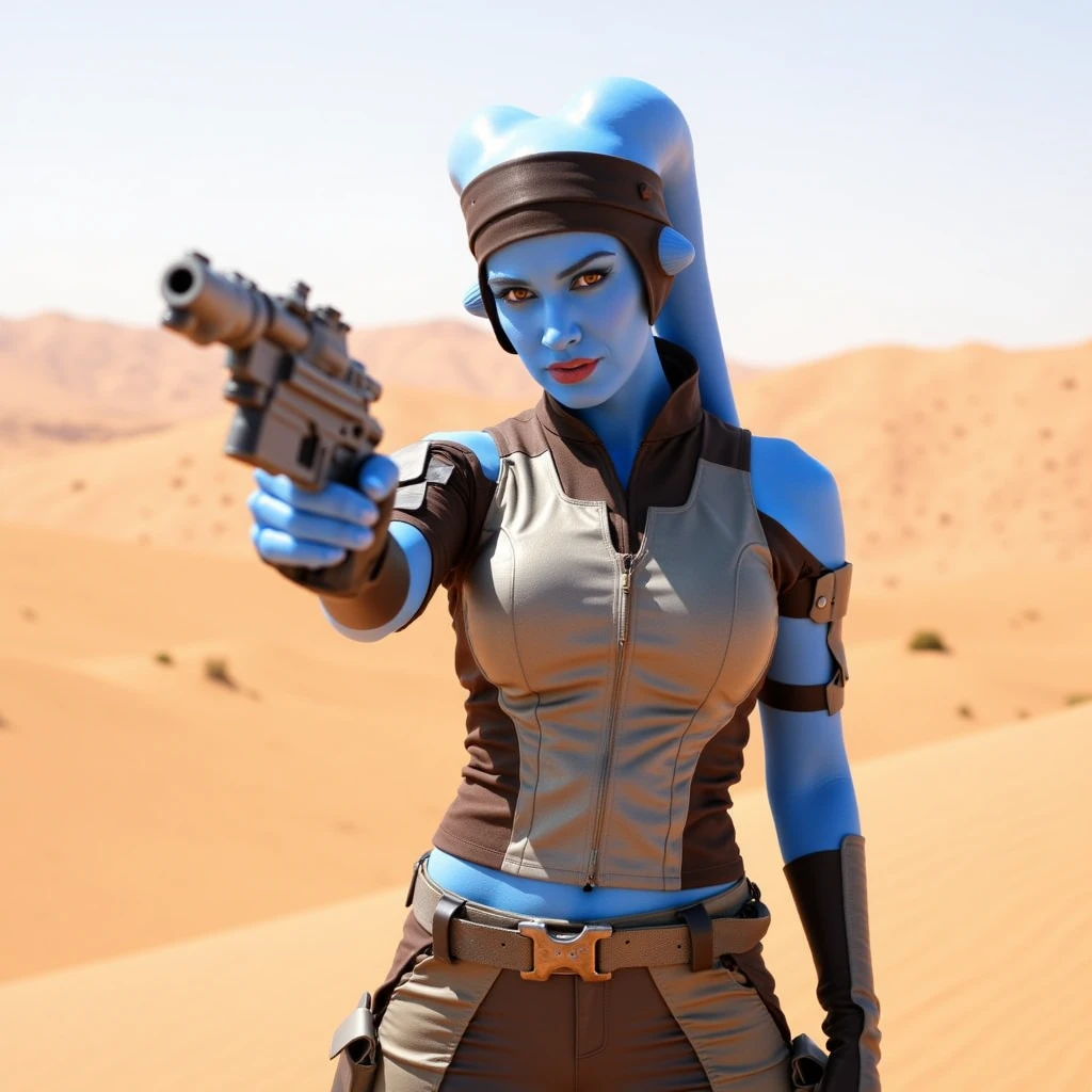 Twi'lek girl standing in the desert, holding a Blaster pistol, blue skin, upper body shot, Eleena Daru