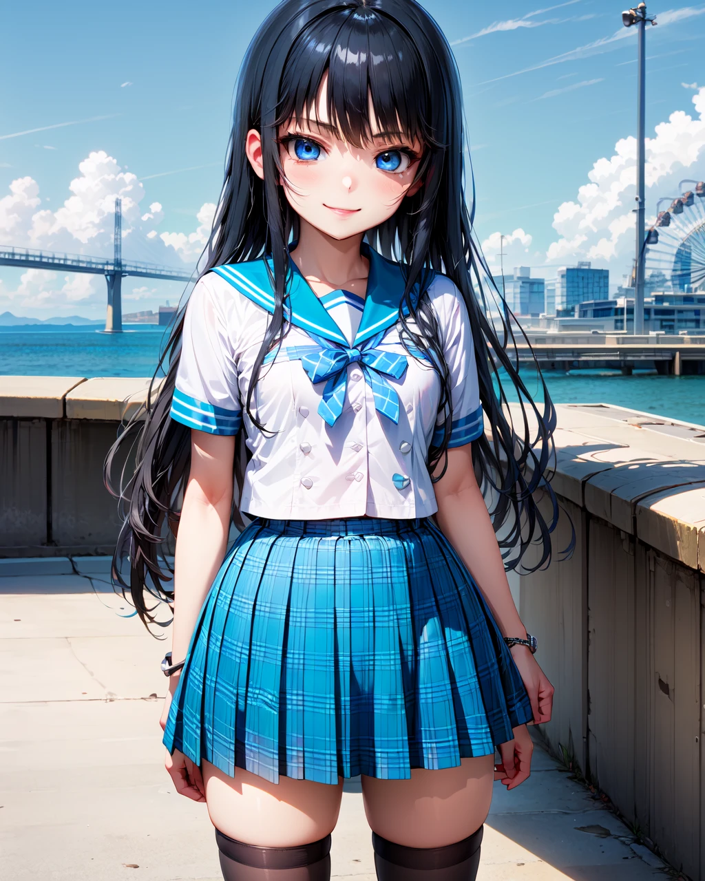 ferris wheel,
1girl,solo,long hair,blue eyes,black hair,very long hair,
bow,school uniform,white shirt,short sleeves,pleated skirt,serafuku,black thighhighs,miniskirt,bowtie,sailor collar,blue skirt,zettai ryouiki,plaid,blue bow,plaid skirt,blue sailor collar,
standing,smile,<lora:Natsuki_Minamiya(Strike The Blood):1>,