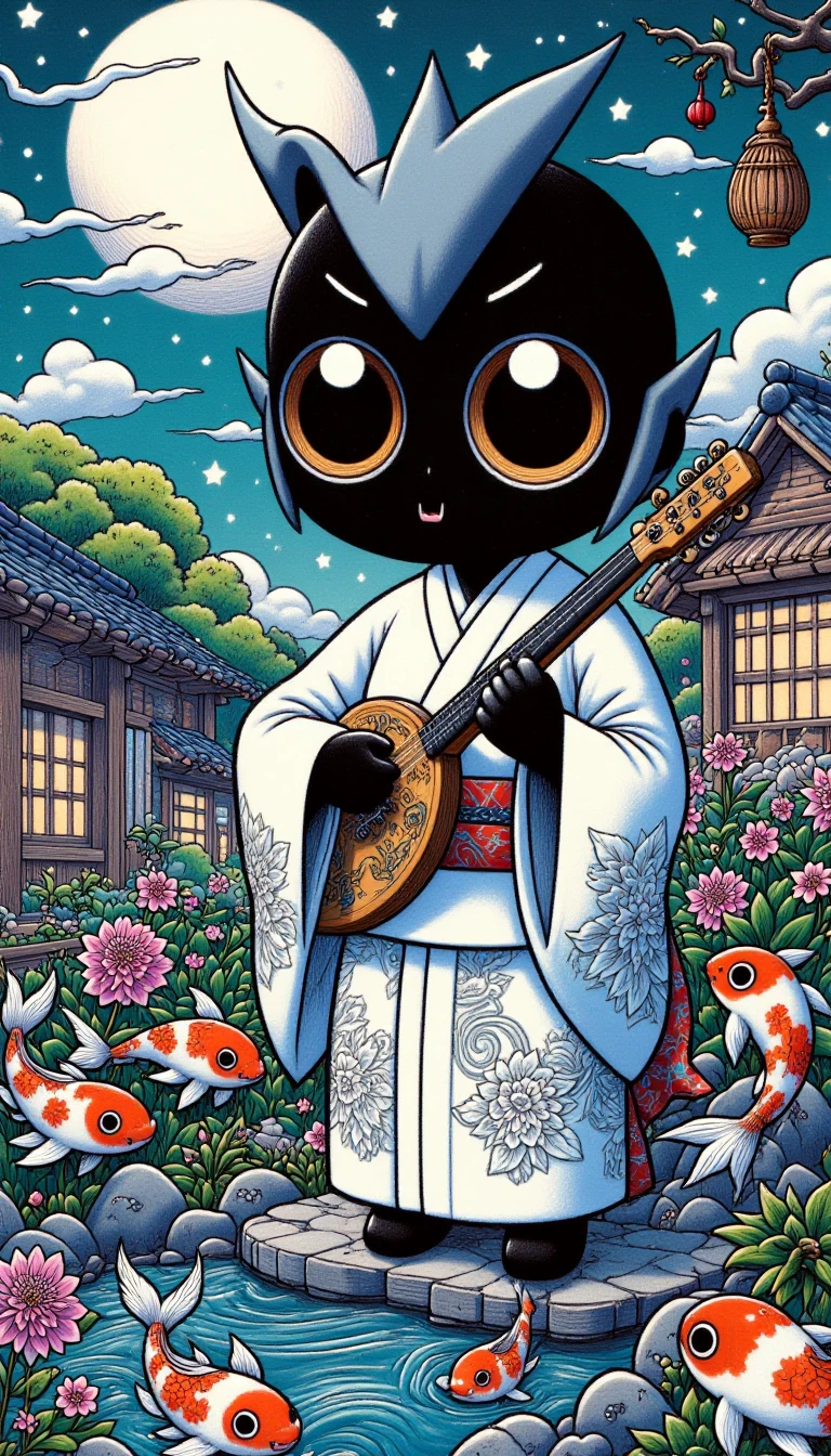 Black Bolt, clad in a flowing white kimono with intricate, silver cherry blossom patterns, stands at the edge of a serene, moonlit koi pond, gently plucking the strings of a traditional shamisen, the vibrations of the instrument rippling the water's surface as the quiet, meditative melody fills the night air.