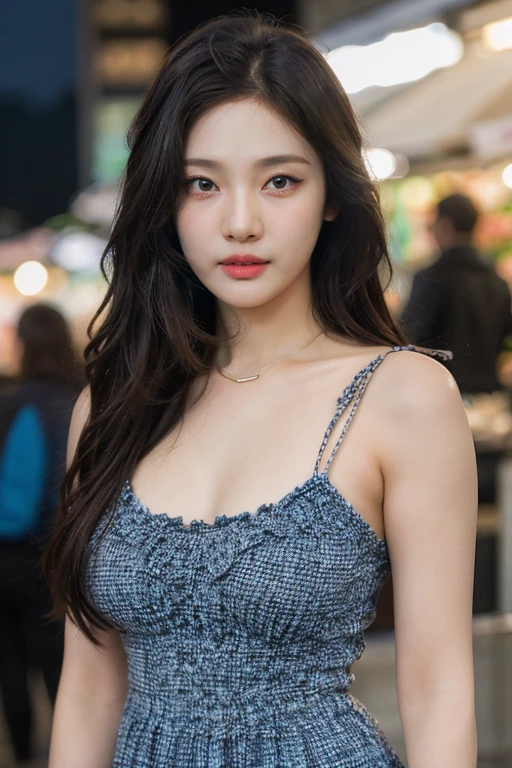 masterpiece, best quality, ultra-detailed, ultra high res, (photorealistic:1.4), raw photo, (realistic:0.2), 8k HDR, realistic lighting, looking at viewer, 1girl, solo, asymmetrical hair, outdoor, sky, (traditional market:1.2), bokeh, (detailed lips), (day), (detailed pores), (detailed skin textures), (detailed face:1.2), (body:1.2), a woman portrait in a sundress, cowboy shot, thigh gap,