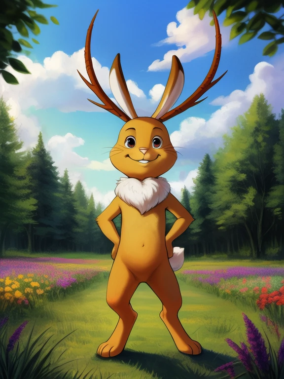 <lora:JackalopeBenYif:1> JackalopeBen,  , rabbit, Jackalope, horns, pink nose,  white sclera, nude, chibi, 
Looks at the viewer, ((Hands on hips, standing,))
[ large window, (nature), forest, grass, day shining, clouds, flowers, blanket, blue pillows, ](solo focus),
(beautiful, aesthetic, perfect, delicate, intricate, saturated colors), masterpiece, digital drawing, best quality,
[by kenket|by totesfleisch8], by thebigslick:by silverfox5213:0.8], [by syuro, by paloma-paloma::0.2, (Tricksta, TotesFleisch8)