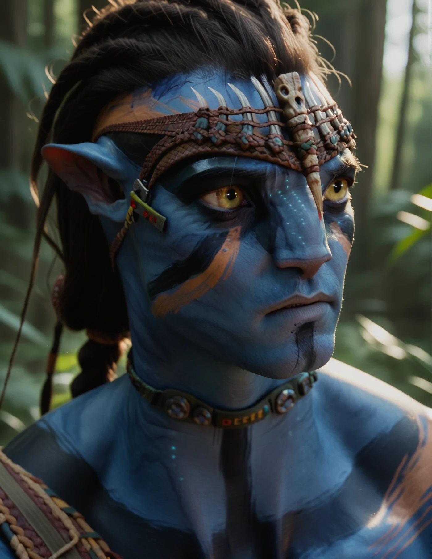 <lora:Jake_Sully:1> j4ke, portrait, blue skin, rainforest, portrait, yellow eyes, war paint 1, shirtless, AVTR1, braid, closed mouth, beeds, feathers, score_9, score_8_up, score_7_up, score_6_up