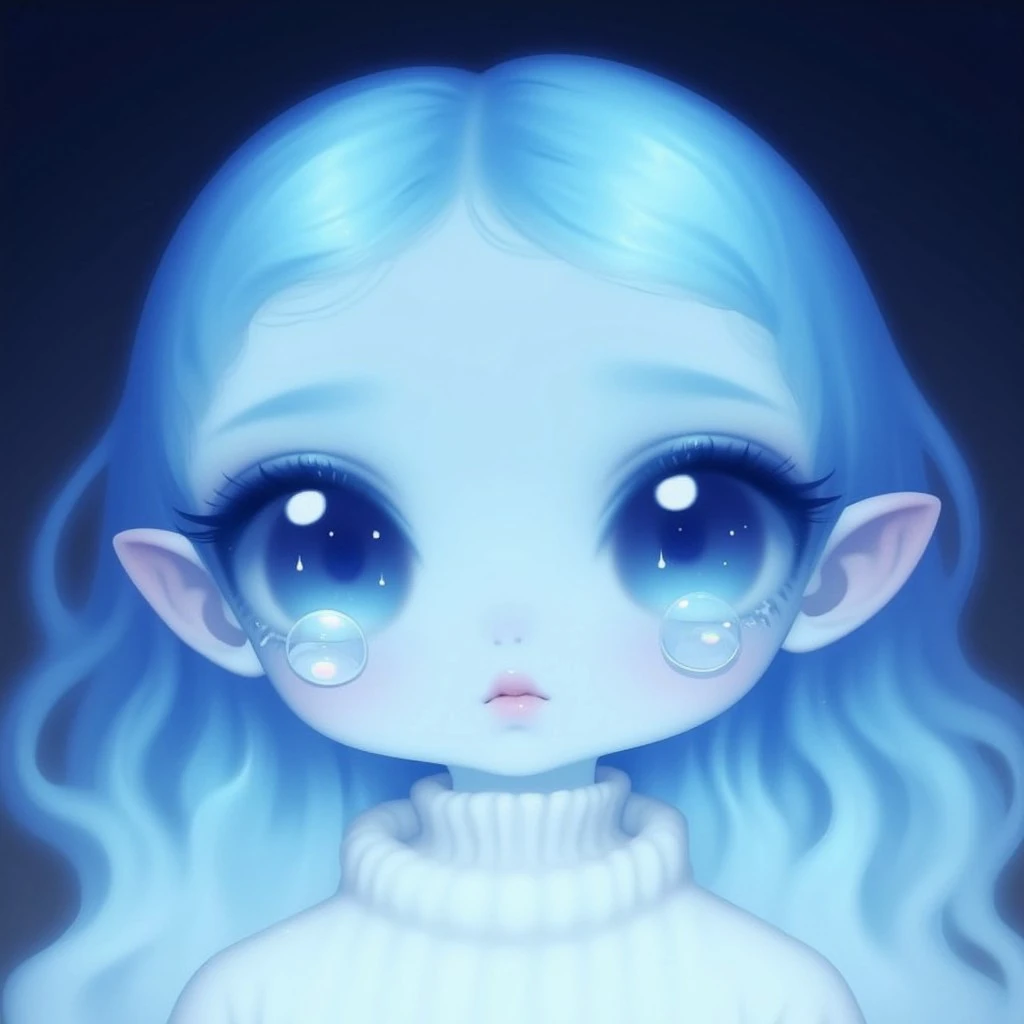 1girl, chibi style, dreamcore, soft lights, blue and white colors, white skin, cute, kawaii, adorable, big eyes, very big eyes, small nose, small lips, above angle, only face, cry, tears, translucent, blue hair