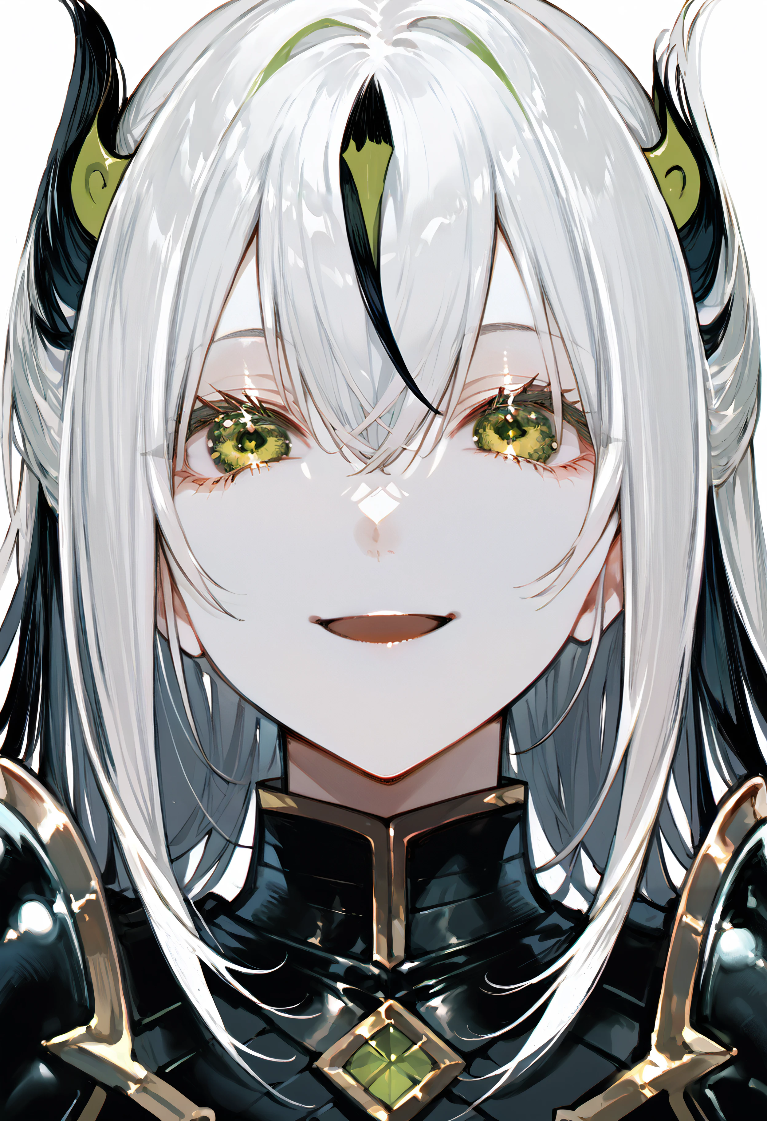 score_9, score_8_up, score_7_up, best quality, source_anime BREAK, 1girl, black hair, multicolored hair, long hair, hair between eyes, looking at viewer, two-tone hair, white hair, green eyes, streaked hair, black armor, white background, smile, open mouth, portrait, simple background, <lora:jNwFwFCQmXr3Wt1:1>