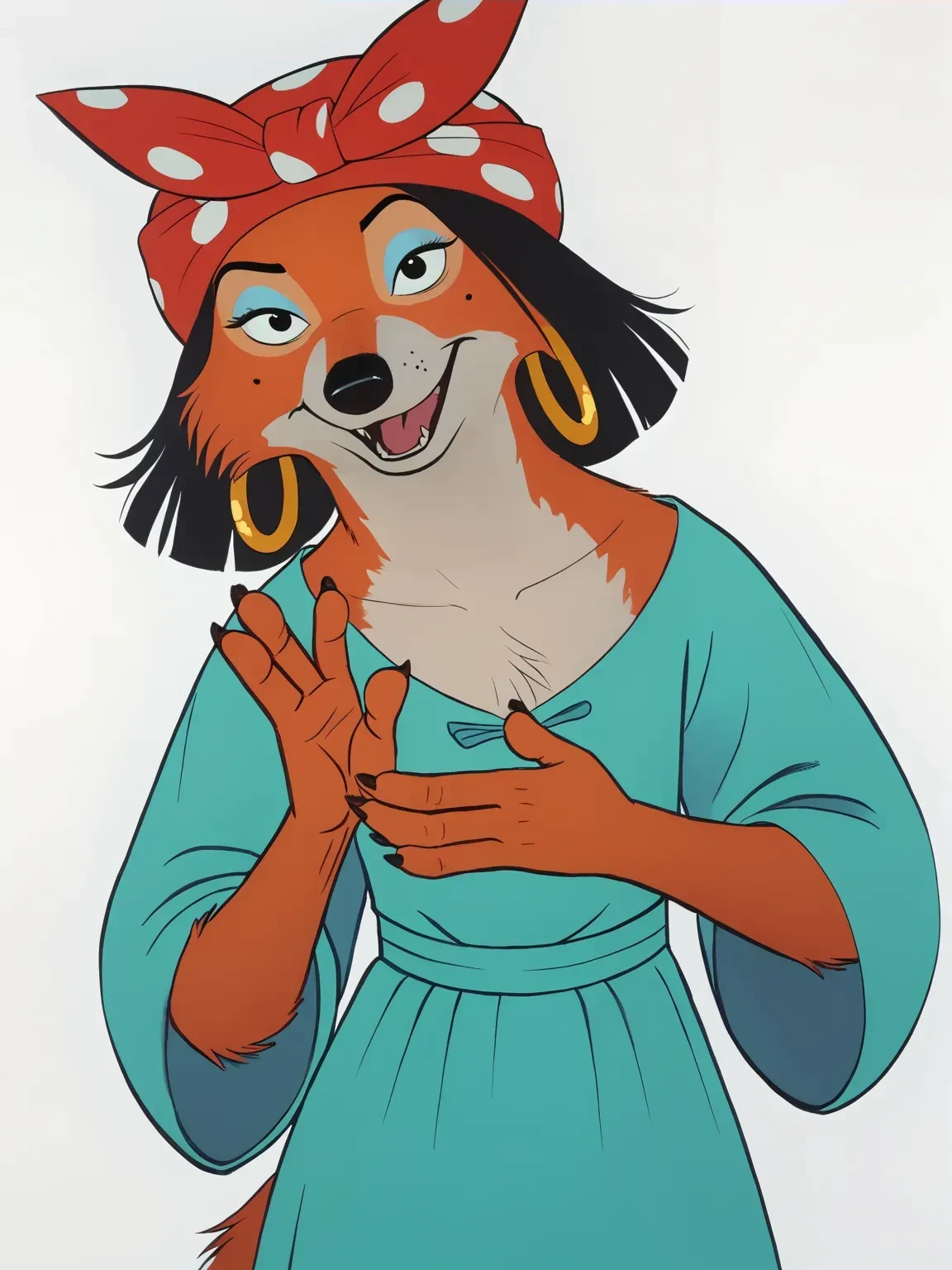 score_9, score_8_up, score_7_up, on model, flat color, 1girl, solo, female, semi-realistic, robinc, female, black nose, orange fur, fox, manly, ugly, bulbous nose, flat chest, chest tuft, tail, looking at viewer, mouth open,

BREAK, hag outfit, loose teal dress, red polka-dot headscarf, gold hoop earrings, short hair, black hair, wig, blue eyeshadow, mole, white background,
<lora:Marian6:0.8>,