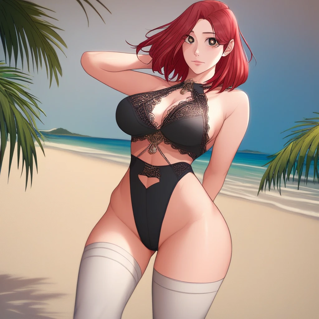 score_9, score_8_up, score_7_up, ASCII masterpiece, source_anime, BREAK, 1girl, solo,  (( <lora:kim_su-kyung:1> , kim_su-kyung, thin waist, wide hips, beautiful skin, beautiful brown eyes, clear eyes, bright pupils, beautiful eyes, beautiful red hair, beautiful short hair, huge and shaggy breasts, natural beauty, extraordinary beautiful woman, attractive woman, super sexy woman, lustful body, sexy woman with seductive obscene body, sensual body, voluptuous body, sexy beauty, no piercings, no piercing, )), cute seducative smile, closed mouth, ((sexy erotic obscene black swimsuit, sexy erotic white thighhighs on left foot with black lace decoration, )) , very detailed, high detailed texture, looking at viewer, beach, sexy pose, seducative pose, hands behind back, tropical beach,