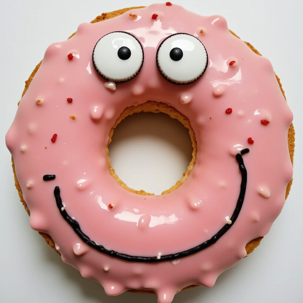 <lora:PareidoliaFlux:1>Pareidolia a Donut that looks like a face