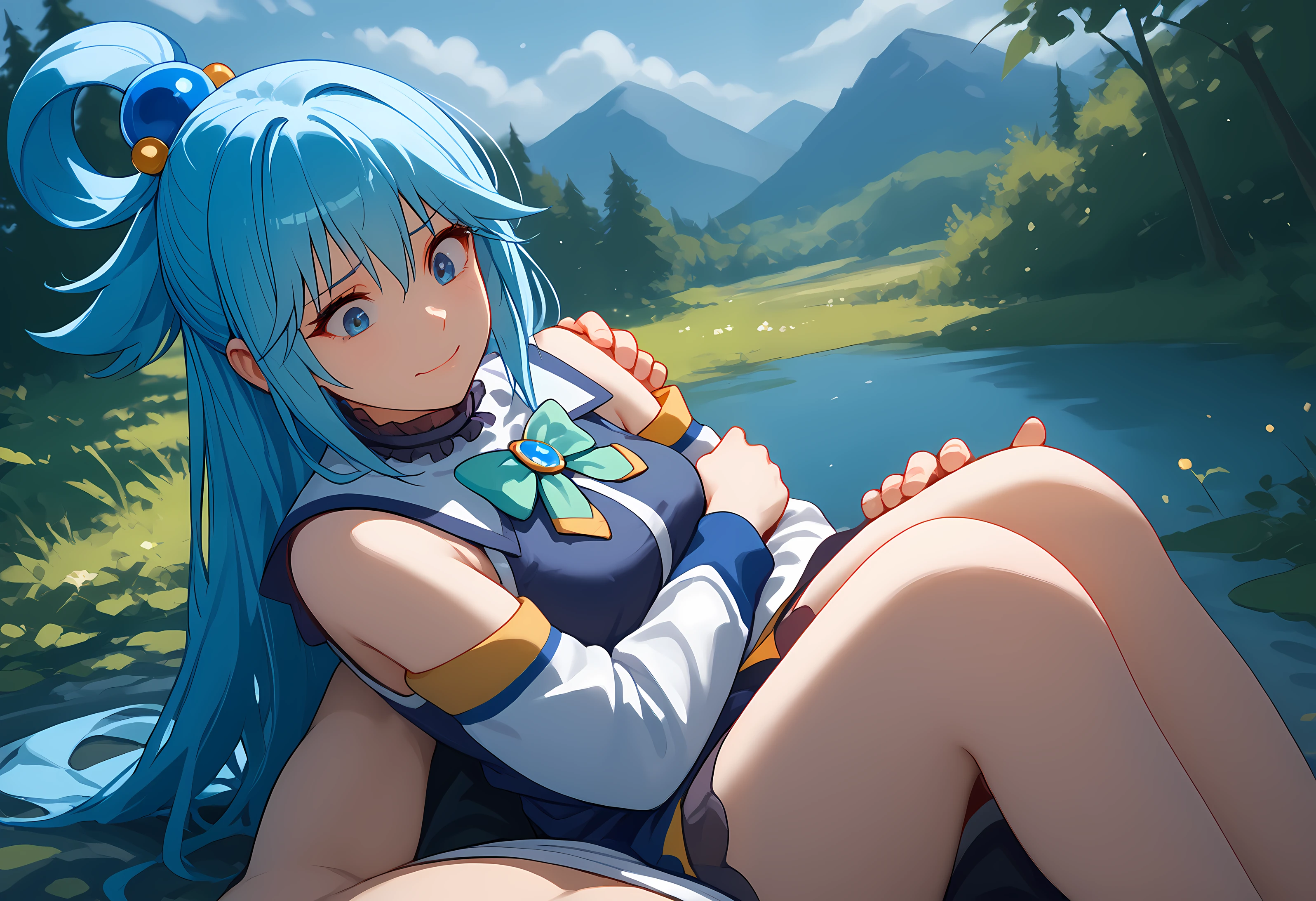 BREAK looking at viewer, BREAK outdoors, BREAK (masterpiece:1.2), best quality, high resolution, unity 8k wallpaper, (illustration:0.8), (beautiful detailed eyes:1.6), extremely detailed face, perfect lighting, extremely detailed CG, (perfect hands, perfect anatomy),aqua \(konosuba\),waterfall,night,stars,moon,starfall,sitting,spread legs,from above,bend over,cleavege,neckline,showing panties,white panties,wet panties,skinny fit,small breasts.