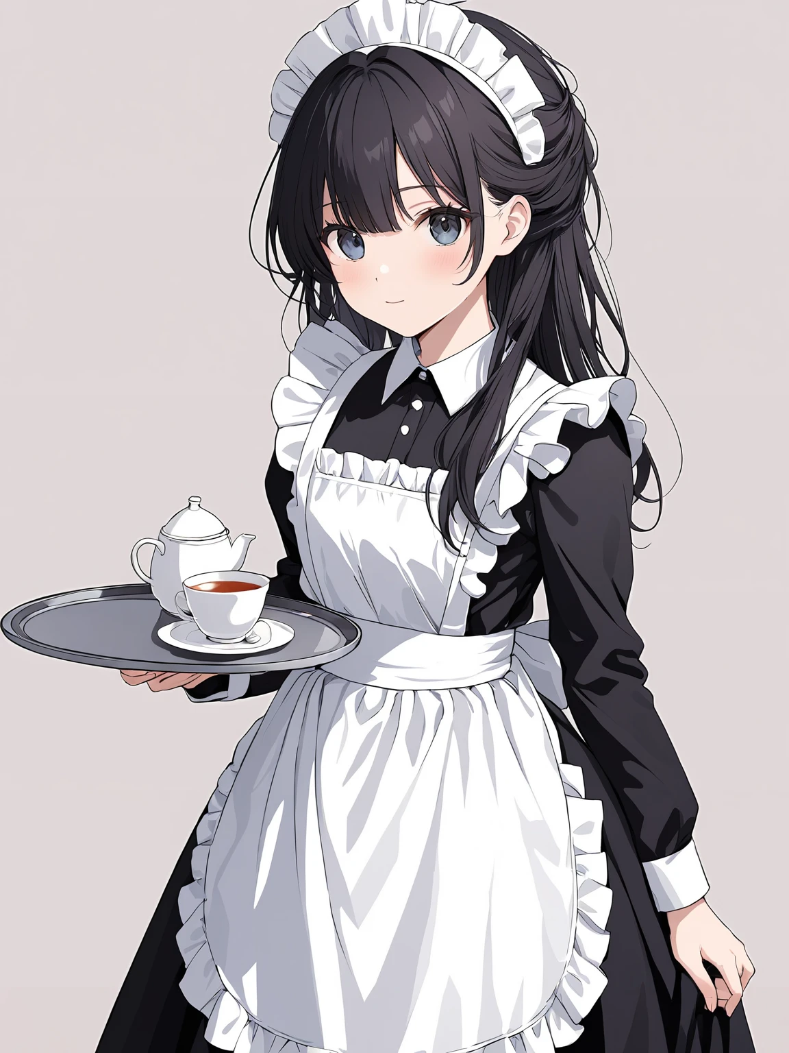 masterpiece,ultra-detailed,best quality,8K,illustration,cute face,clean skin ,shiny hair,girl,ultra-detailed-eyes,simple background, <lora:add-detail-xl:1> <lora:classic maid_XL_V1.0:1> maid, maid apron, maid headdress, long sleeves,tray,tea,cup,skirt lift