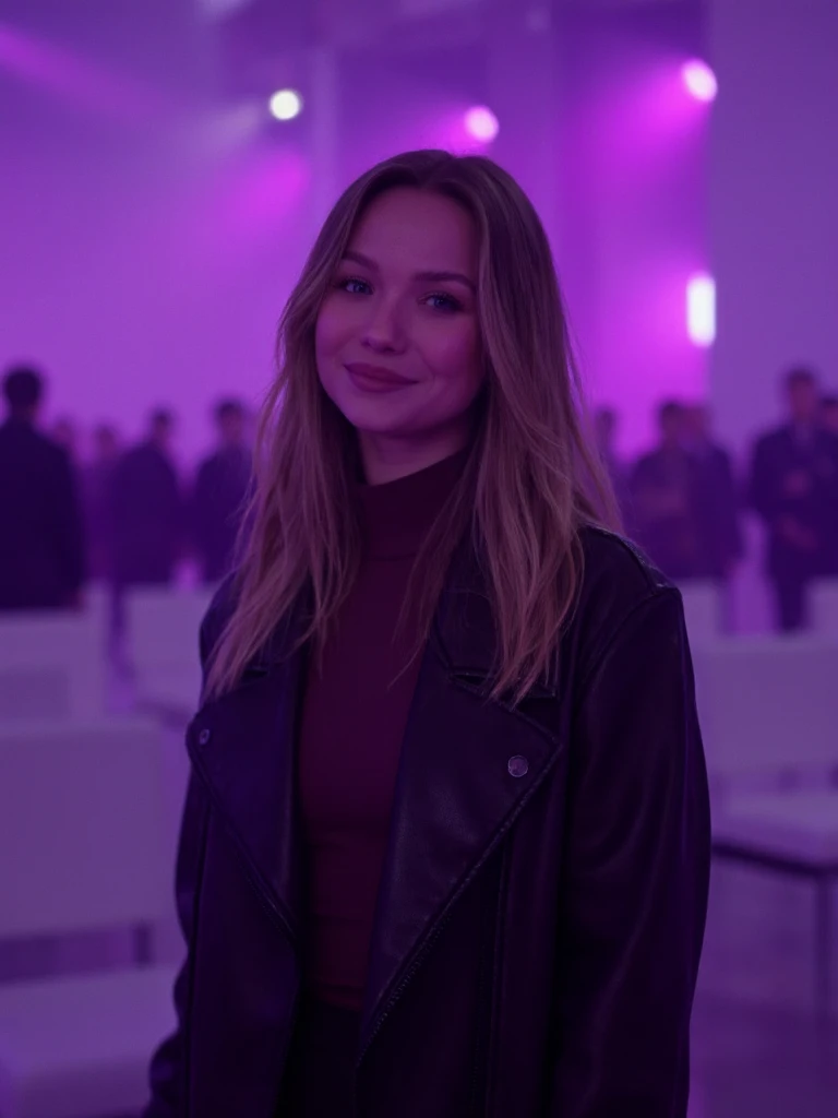 julbea woman, Julia Beautx is standing in a room with purple lighting. She has long blonde hair and is wearing a black leather jacket. She is smiling and has a brown turtleneck on. There are white chairs behind her that are empty. There is a group of people standing in the back of the room. 