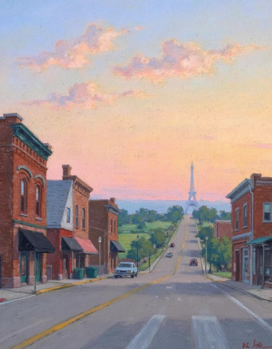 pastel drawing landscape of Nebraska rural downtown at sunset