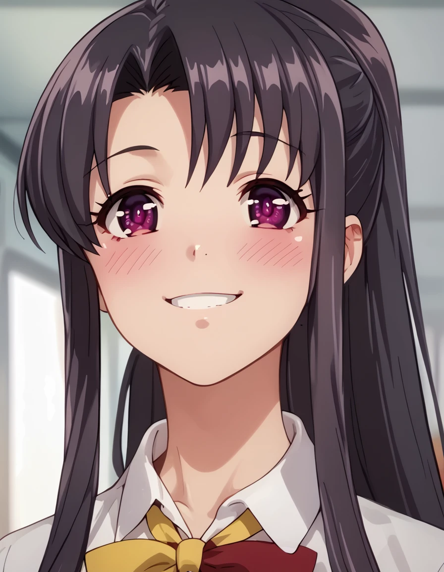 Natsuki, long hair, black hair, purple eyes, ponytail, school uniform, score_9, score_8_up, score_7_up, score_6_up, score_5_up, score_4_up, source_anime   <lora:HaremCamp:1>, smile, portrait