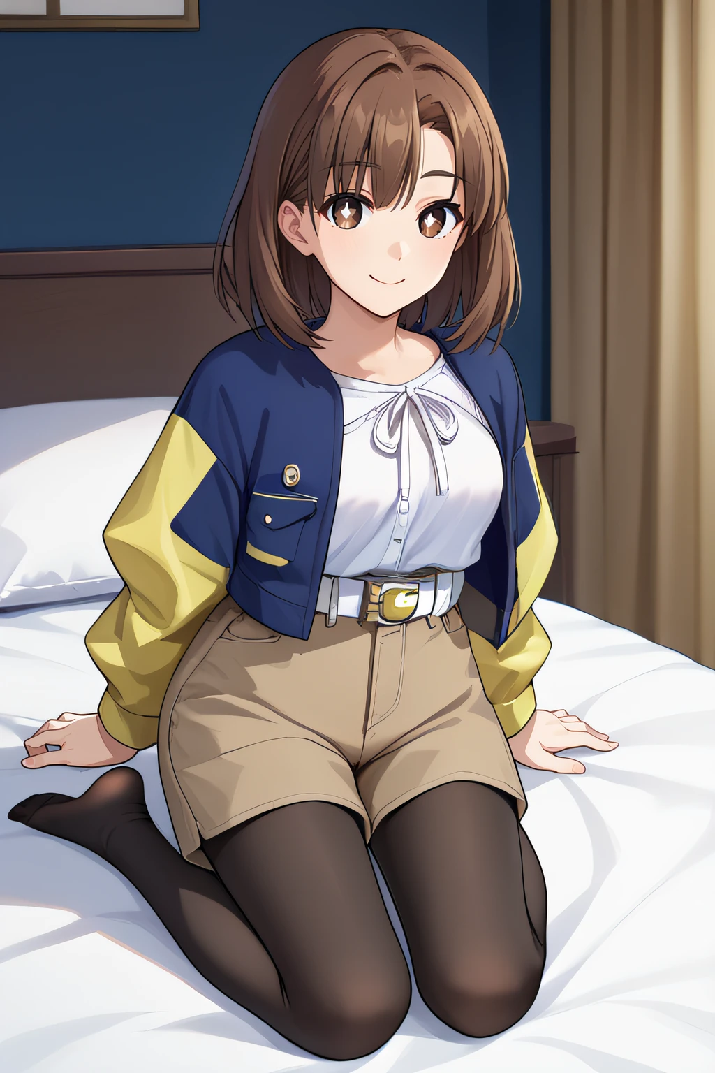 score_9, score_8_up, score_7_up, source_anime, rating_safe, intricate details, 1girl, <lora:Kinosaki_Arisa:1>, arisa, brown hair, medium hair, brown eyes, white pupils, blue jacket, yellow sleeves, white shirt, white belt, brown shorts, black leggings, smile, looking at viewer, indoor, barefeet, full body, kneeling, sitting on bed