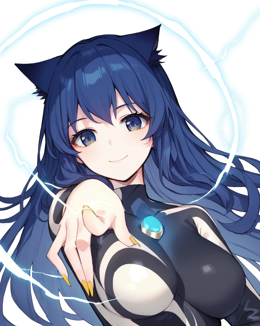 <lora:kitesama>,kitesama,cat ears,blue hair,blue eyes,long hair,cat tail,24yo,mature female,
blue chest jewel,black bodysuit,bodysuit,white body markings,yellow nails,
1girl,solo,
pointing electricity,<lora:only_my_railgun_pony:1>,
smile,, score_9,score_8_up,score_7_up,source_anime,best quality,masterpiece,uncensored,detailed eyes,<lora:add-detail-xl:0.7>