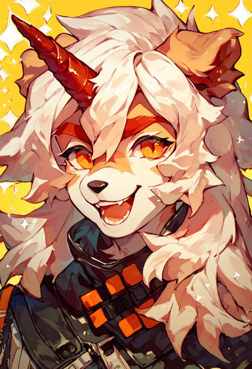 score_9, score_8_up, score_7_up, score_6_up, furry, anthro, solo, hung, perro, arknights, two-tone fur, medium hair, white hair, single horn, orange eyes, seductive, upper body, happy, sparkles, <lora:Hung:1>