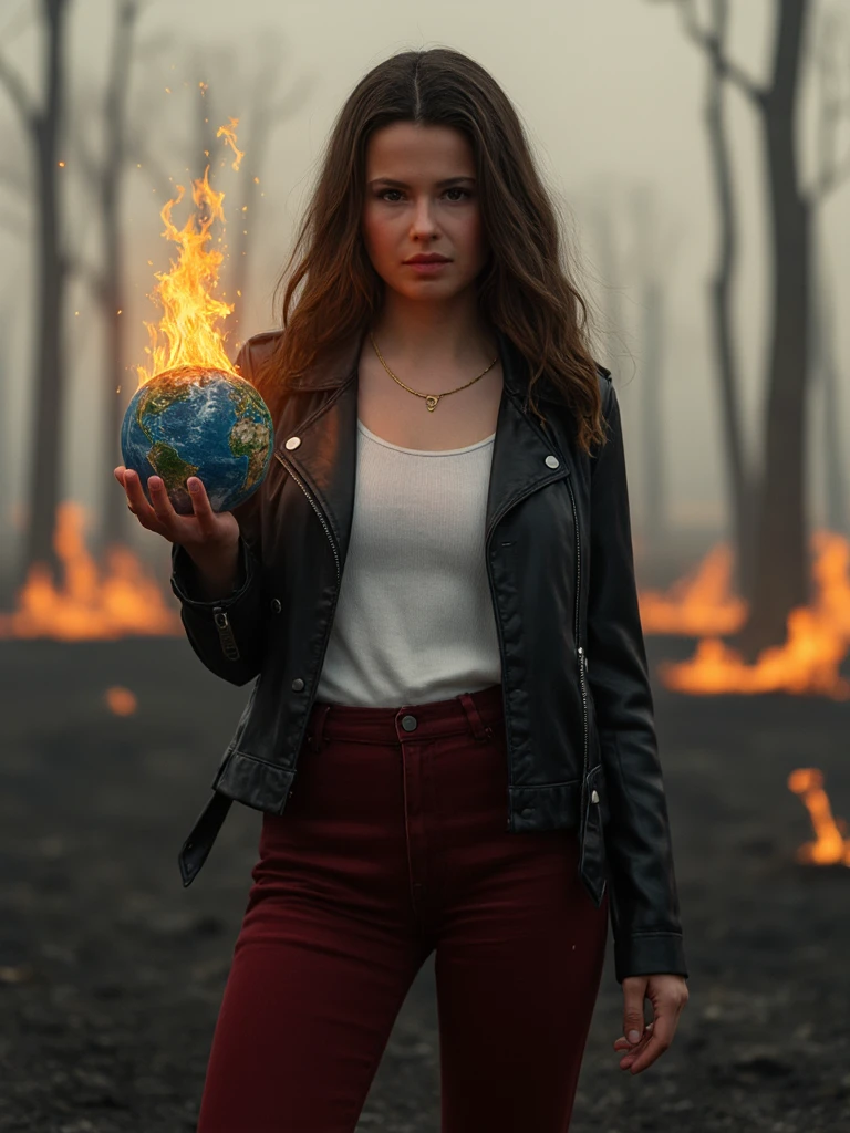 Portrait of luineu, she is holding a small blue and green planet earth in her hand, that is surrounded by flames, that has a mysterious magical vibe. She is standing in an empty landscape full of ashes with a loot of burned trees in the background. She is wearing a black leather jacket over a white tshirt and dark red leggins. Digital art, fantasy style, hkmagic