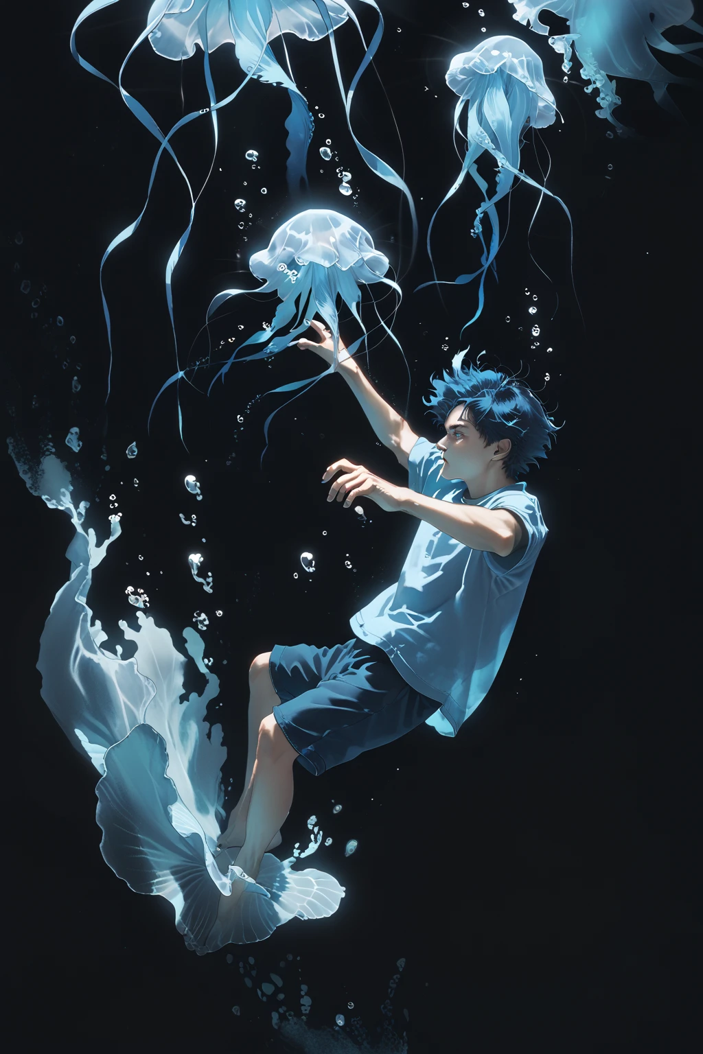 score_9, score_8_up, score_7_up, male, dark blue hair, glowing blue jellyfish, random pose, aesthetic, underwater, simple black background, style re, re  <lora:Style_Re:0.8>