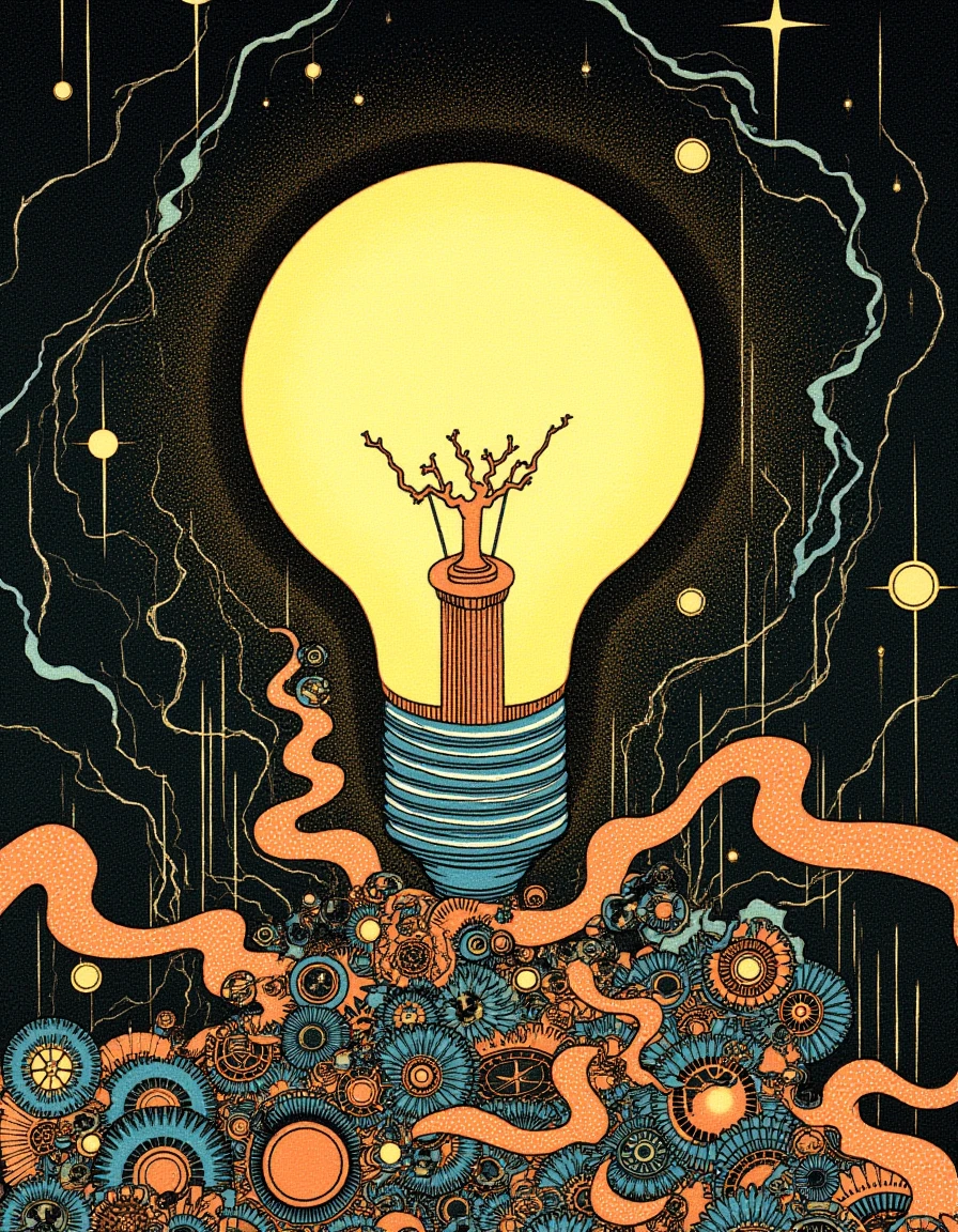 Ukiyo-e style by Hokusai, an abstract representation of 'innovation' as a brilliant lightbulb over a complex network of gears and circuits, shining brightly in the imaginative style