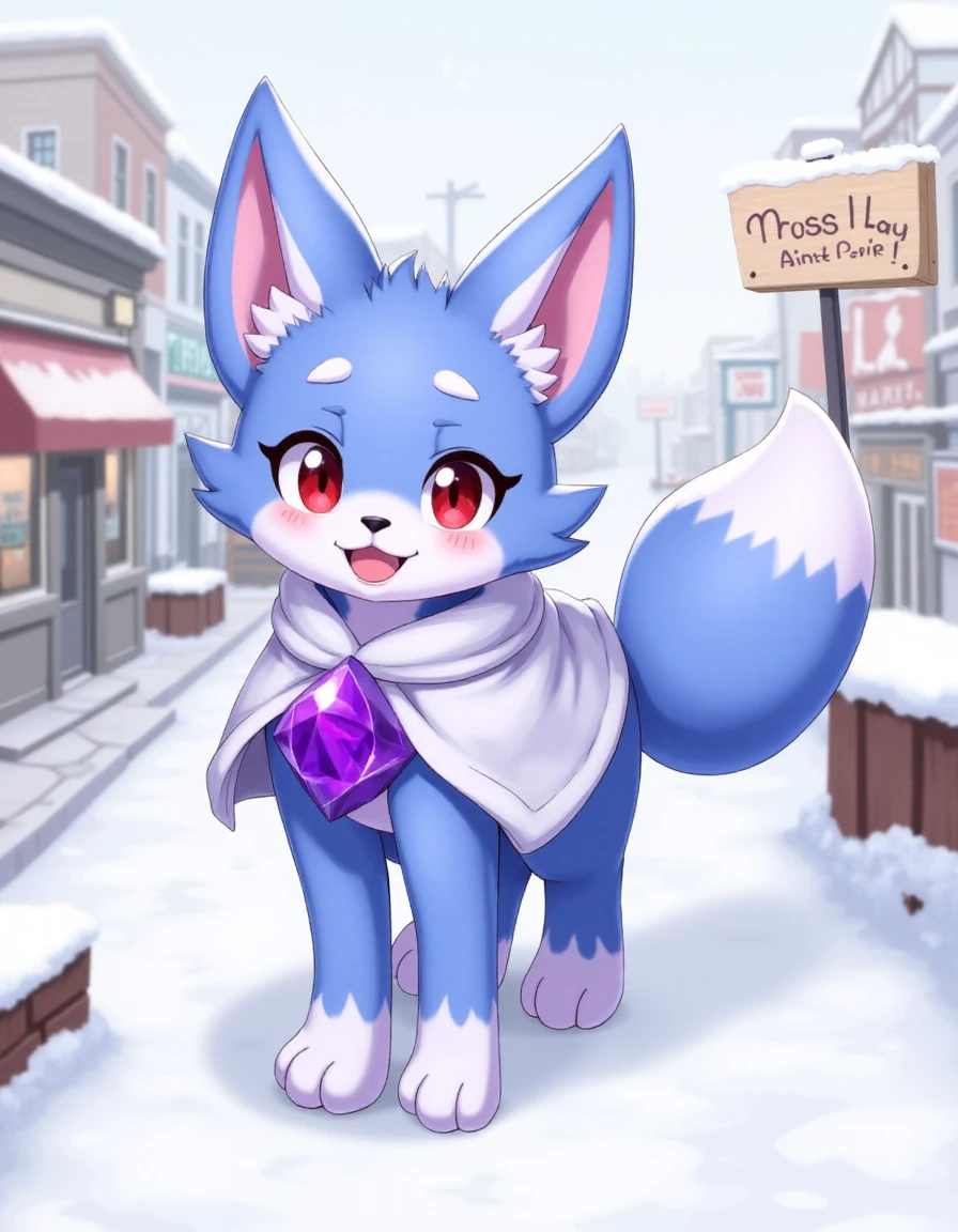 (<lora:Nox_epoch_5:1.3>,nox_(pal), Periwinkle fur,purple chest crystal,capelet, Red eyes,black pupils, dipstick tail, white ears:1.2, dipstick ears,white paws, small dark blue nose,),
(Anthro:1.2),female,happy,paws,pawpads,
snow covered city,Sign for Fish & Chips,