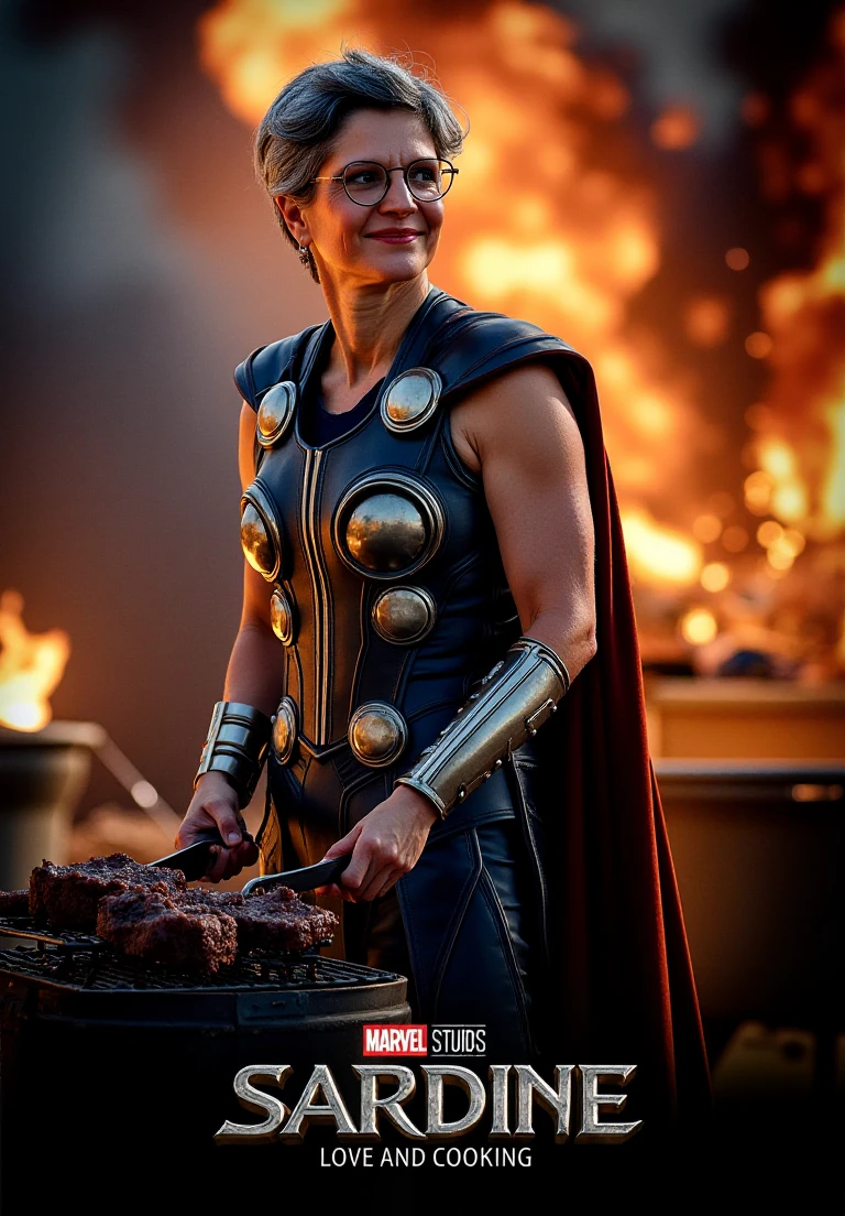 a dynmaic movie poster with a woman sardruiss123 with glasses wearing Thor armor. She is Cooking grilled steak meat at barbecue. "SARDINE LOVE AND COOKING" write in metal letters logo at bottom of the poster. war and explosion at background, outdoor