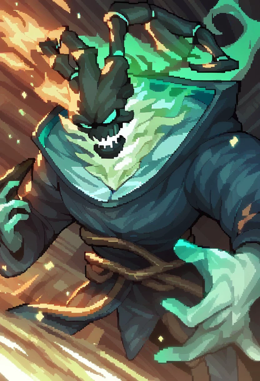 score_9,score_8_up,score_7_up <lora:Thresh&ModekaiserPonyXL-000020:1>thresh_(league_of_legends), pixel_hagl, 1boy, artist_name, black_background, black_robe, fire, green_fire, holding, long_sleeves, male_focus, open_mouth, robe, sharp_teeth, skull, solo, teeth, league_of_legends, commission