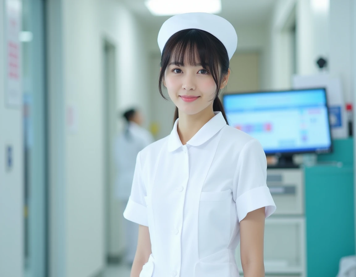 A beautiful Japanese female nurse in white short sleeve nurse uniform and nurse cap.  <lora:Nurse_Uniform_Flux-000002:1>, She is standing in front of the nurse station of a modern hospital.
No blurry picture.