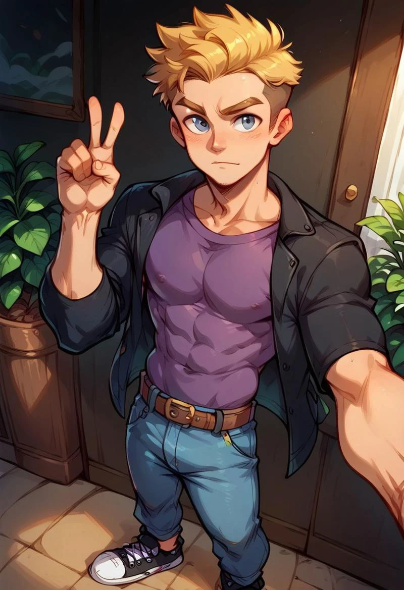 8k, score_9, score_8_up, score_7_up, masterpiece, 1boy, muscular twink, broad shoulders, slim waist, lean, young, handsome, Mike, spiky blonde hair, grey eyes, male focus, selfie, view from above, handsome face focus, selfie pose,
black jacket, purple V-shirt, light jeans, black sneakers,
greenhouse, indoors, plants, peace sign,