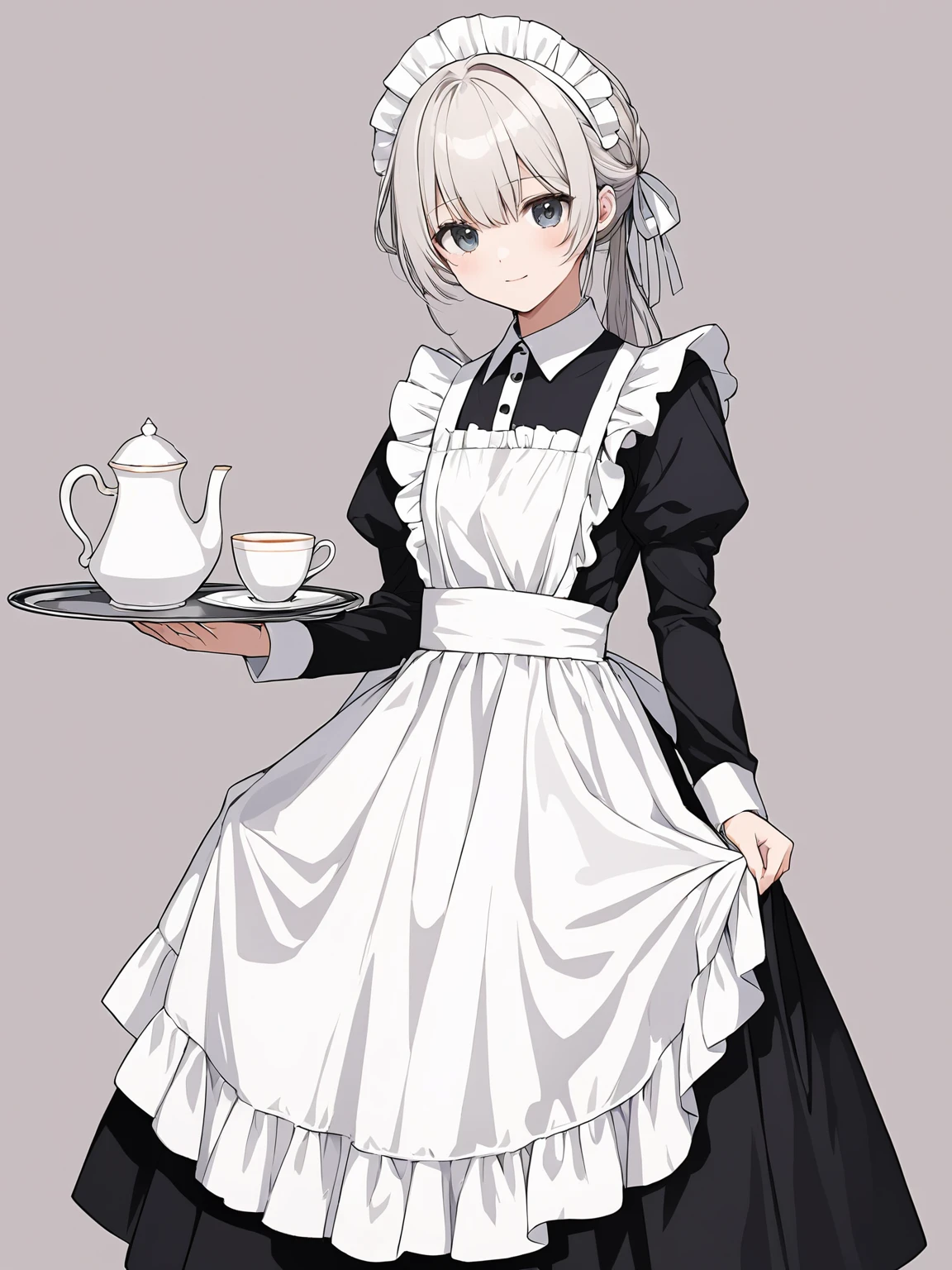 masterpiece,ultra-detailed,best quality,8K,illustration,cute face,clean skin ,shiny hair,girl,ultra-detailed-eyes,simple background, <lora:add-detail-xl:1> <lora:classic maid_XL_V1.0:1> maid, maid apron, maid headdress, long sleeves,tray,tea,cup,skirt lift