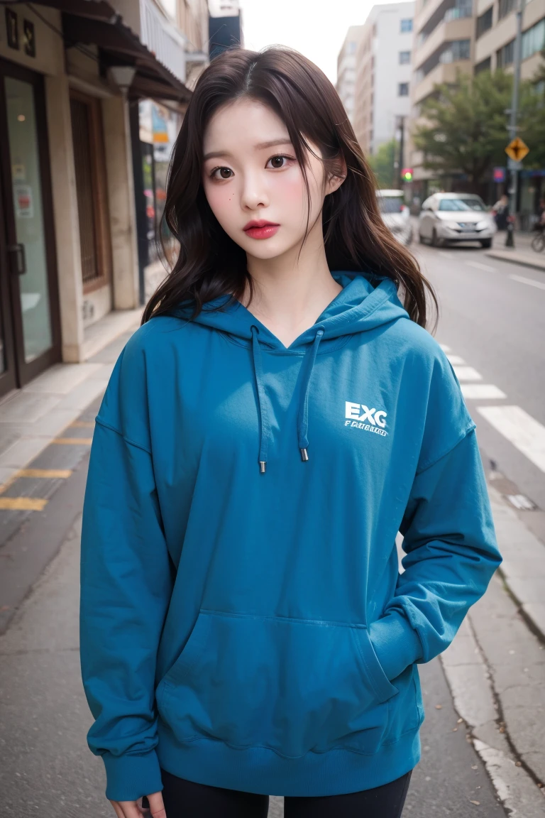 upper body photo of nmixxsullyoon in blue hoodie, makeup, streets, day, hard shadows, (photorealistic:2.0), <lora:nmixxsullyoon-v03:1>