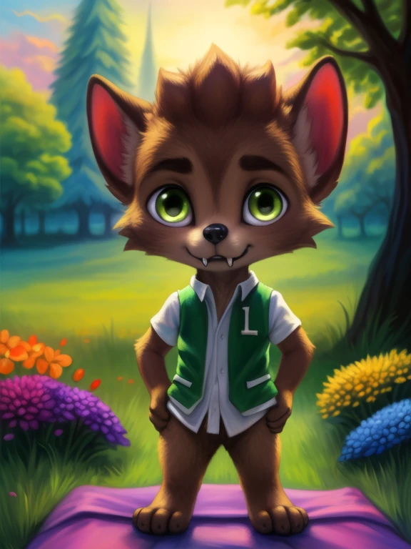 <lora:LoboSupMonYif:0.88> LoboSupMon, werewolf, green eyes, white shirt, green vest, fangs, chibi,
Looks at the viewer,  ((Hands on hips, standing,hand behind head,))
[ large window, (nature), forest, grass, day shining, clouds, flowers, blanket, blue pillows, ](solo focus),
(beautiful, aesthetic, perfect, delicate, intricate, saturated colors), masterpiece, digital drawing, best quality,
[by kenket|by totesfleisch8], by thebigslick:by silverfox5213:0.8], [by syuro, by paloma-paloma::0.2, (Tricksta, TotesFleisch8)