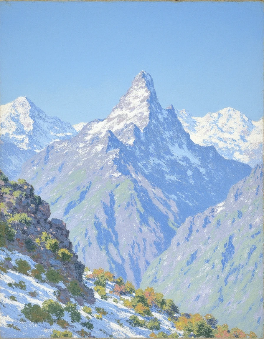 snow-capped mountains with a clear blue sky in the background, by Claude Monet