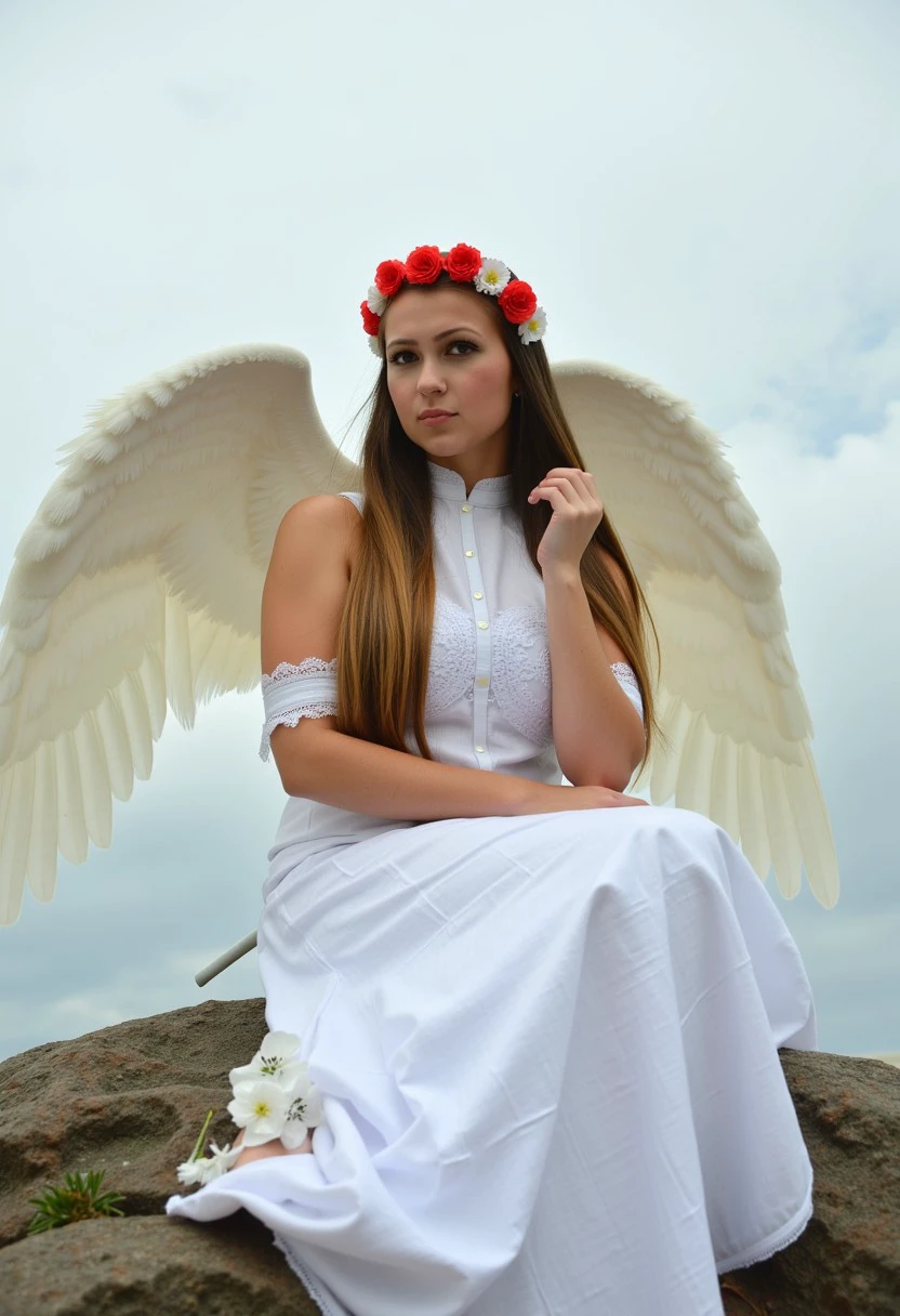 Dk2, kristina
'ultra hd, high quality, hyper realistic portrait of a Russian woman on a rock, white sheet, tender face, large white wings, white high necked mermaid dress with white and red flowers, detailed skin, realistic, 3D view, swarthy face, diamond-outlined tiger eye irises,  blending into extra long royal golden hair,  dramatic low angle, cloudy sky background, avant-garde fashion photography style'.