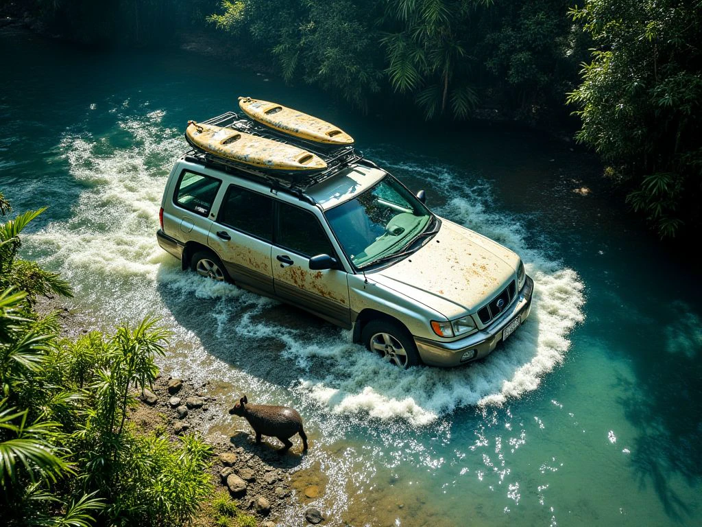 2000Subaru, A dramatic overhead drone shot captures the white mud splattered 2000 Subaru Forester fording a shallow river in a lush rainforest setting. The car a striking contrast against the turquoise water, which splashes up around the wheels. Sunlight pierces through a gap in the dense canopy above, creating a spotlight effect on the Forester and surrounding water. The vehicle is angled diagonally across the frame, emphasizing its length and boxy profile. A snorkel intake rises from the hood, allowing for deep water crossings. The roof rack is loaded with adventure gear, including kayaks and camping equipment. In the foreground, a startled tapir is seen retreating into the underbrush, adding a touch of wildlife interest. The riverbanks are lush with ferns and flowering plants, their vibrant greens contrasting beautifully with the Forester's muted camo tones. This image conveys a sense of exploration, showcasing the Forester's capability to access remote, wild locations.<lora:2000SubaruForester_Flux_r1:1>