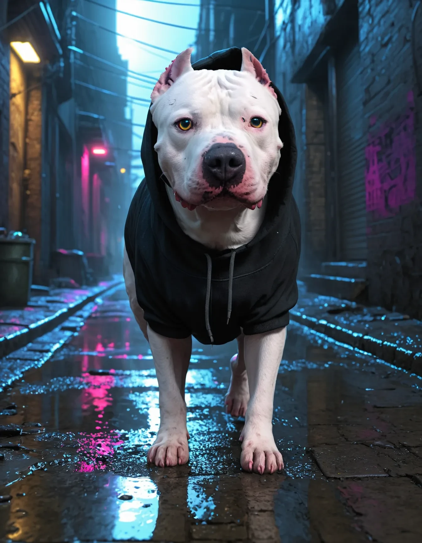 <lora:White_Pitbull_Dog_SDXL:0.8>  cyberpunk illustration of a White Pitbull Dog wearing a black hooded sweatshirt while running through a  ratty city alleyway, vivid neon reflections, glowing light reflects off the wet cobblestone street creating a dark sinister vibe, UHD, 8k, intense intricate detail