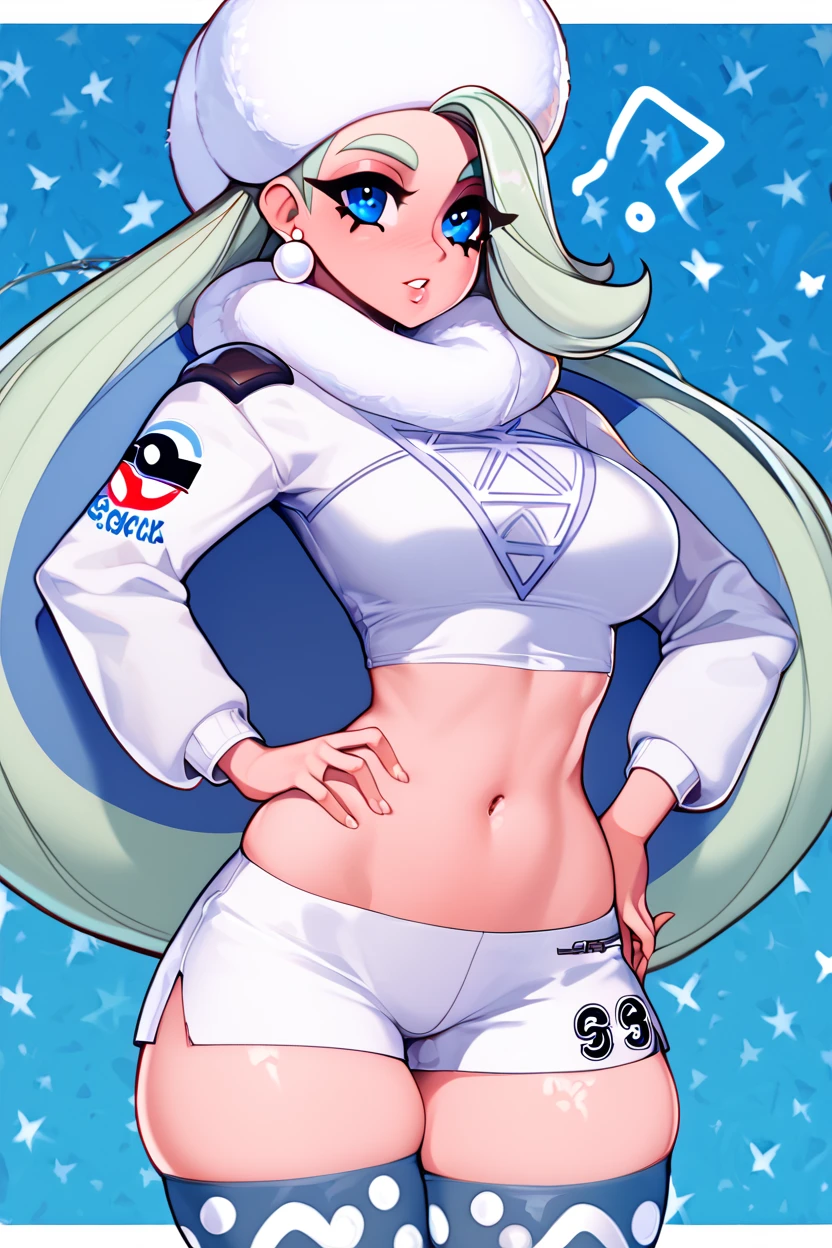 score_9, score_8_up, score_8, medium breasts, (curvy), cute, eyelashes,       BREAK, , zzMelony, blue eyes, white hair, long hair, huge breasts,  fur hat, white scarf, white sweater, white shorts, leggings, white boots,  <lora:Melony_Pokemon_PDXL_Citron:0.8>, , BREAK, solo, thighhighs, navel, jewelry, medium breasts, cowboy shot, earrings, parted lips, shorts, choker, midriff, armor, short shorts, skindentation, black choker, shoulder armor,  abstract background,   hand on hip,   embedding:zPDXL, Expressiveh,  <lora:Halphelt_PDXL-000008:0.8>,  <lora:Uncensored_PonyXL_cpt_v02.09:0.4>,  <lora:Expressive_H-000001:0.4>,