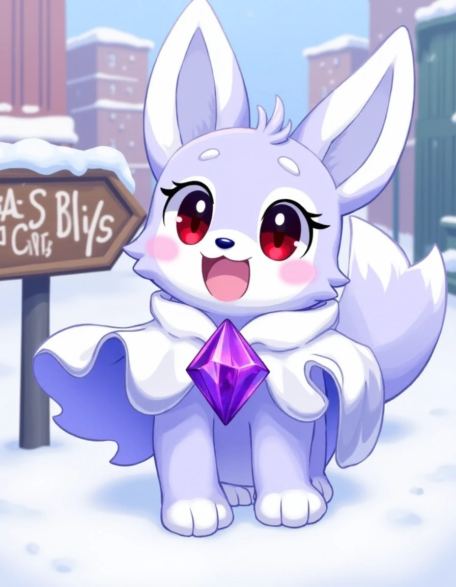 (<lora:Nox_epoch_5:1.3>,nox_(pal), Periwinkle fur,purple chest crystal,capelet, Red eyes,black pupils, dipstick tail, white ears:1.2, dipstick ears,white paws, small dark blue nose,),
(Anthro:1.2),female,happy,paws,pawpads,
snow covered city,Sign for Fish & Chips,