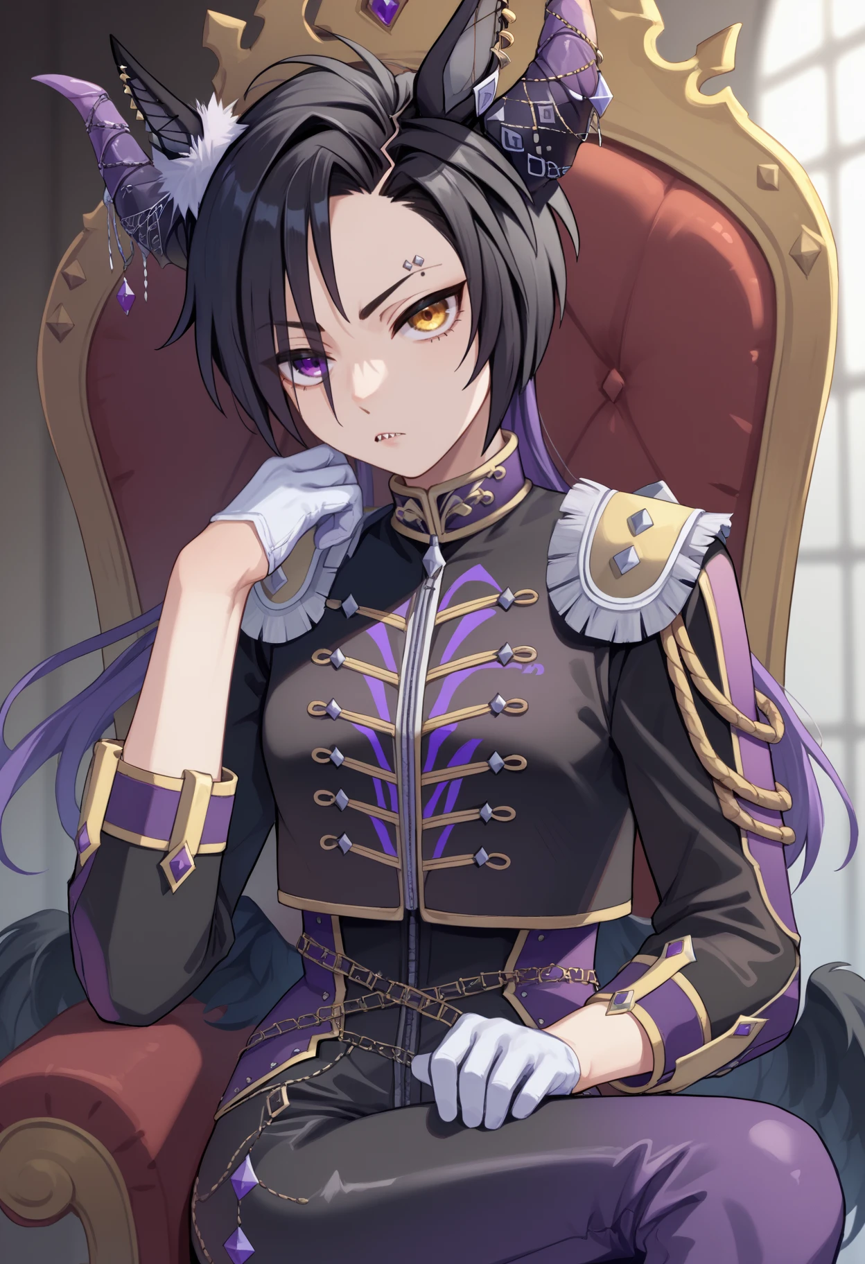 score_9, score_8_up, score_7_up, source_anime, <break> solo, 1girl, airshakurprime, low wings, horse tail, sharp teeth, expressionless, looking at you, sitting, throne, crossed legs, horse ears, ear ornament, single ear cover, horns, heterochromia, purple eyes, yellow eyes, black jacket, epaulettes, aiguillette, long sleeves, white gloves, black pants, eyebrow piercing, ear piercing, indoors
<segment:yolo-face_yolov8m.pt,0.4,0.5//cid=1>