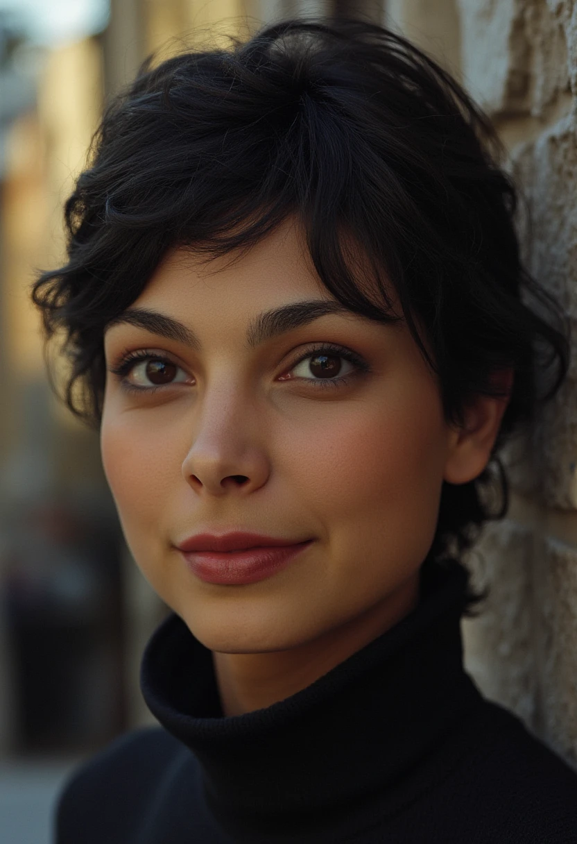 subtle grain, cinematic quality, professional portrait of morena baccarin, makeup, black hair, turtleneck, fine art photography, film still, movie scene, outdoors, smile,